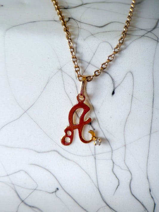 Vintage 'A' 14k Yellow Gold Letter Initial Charm with Small Diamond