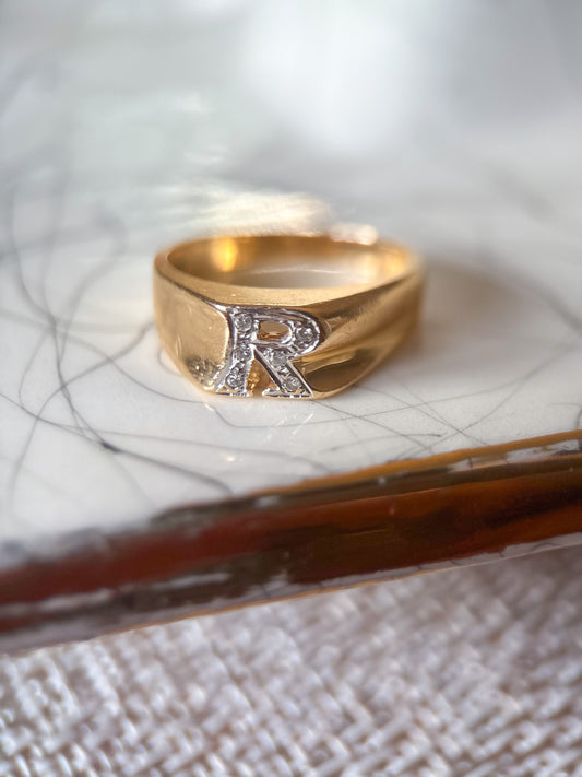 Vintage Chunky Natural Diamond Letter "R" 14k Yellow Gold Ring