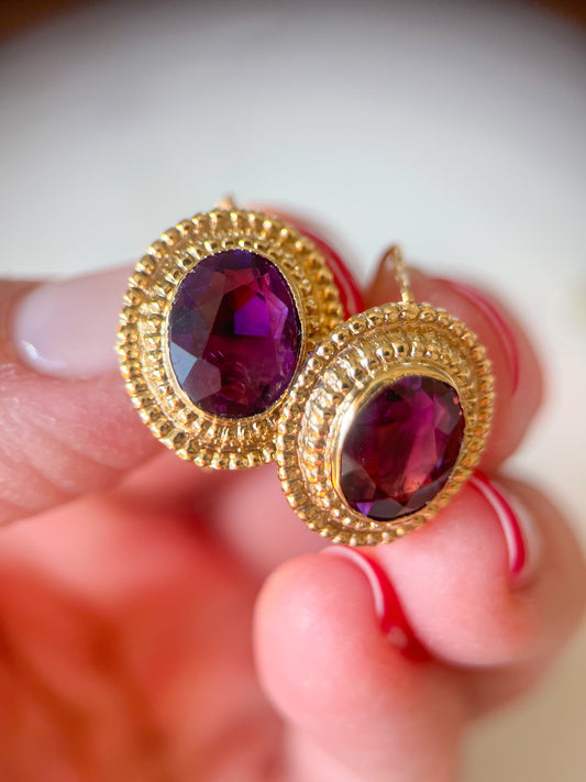 Vintage Natural Oval Amethyst 14k Yellow Gold Earrings, circa 1980s