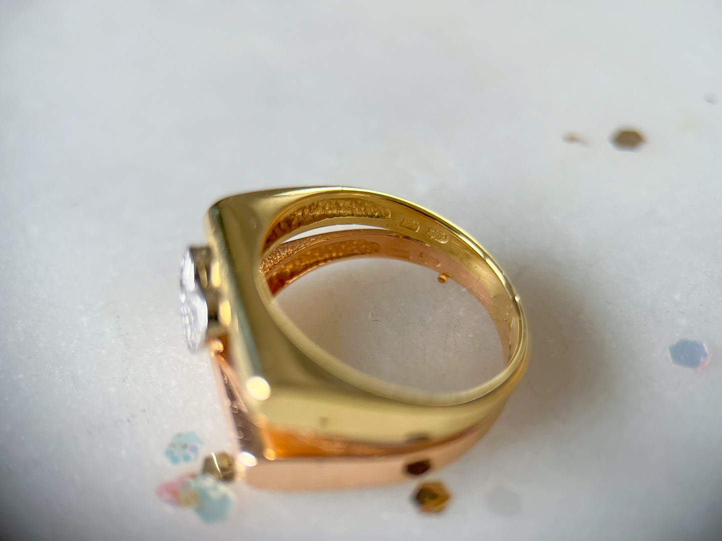 Vintage Double Bar Natural Diamond Heart Two Toned 14k Rose and Yellow Gold Ring