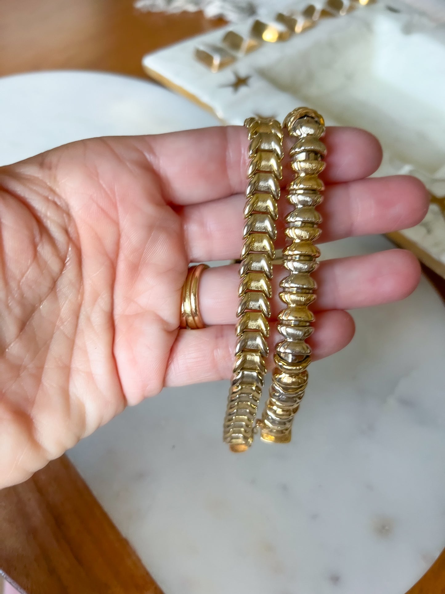 Vintage 14k White Gold and Yellow Gold Two Toned Flat Link and Chunky Bracelets