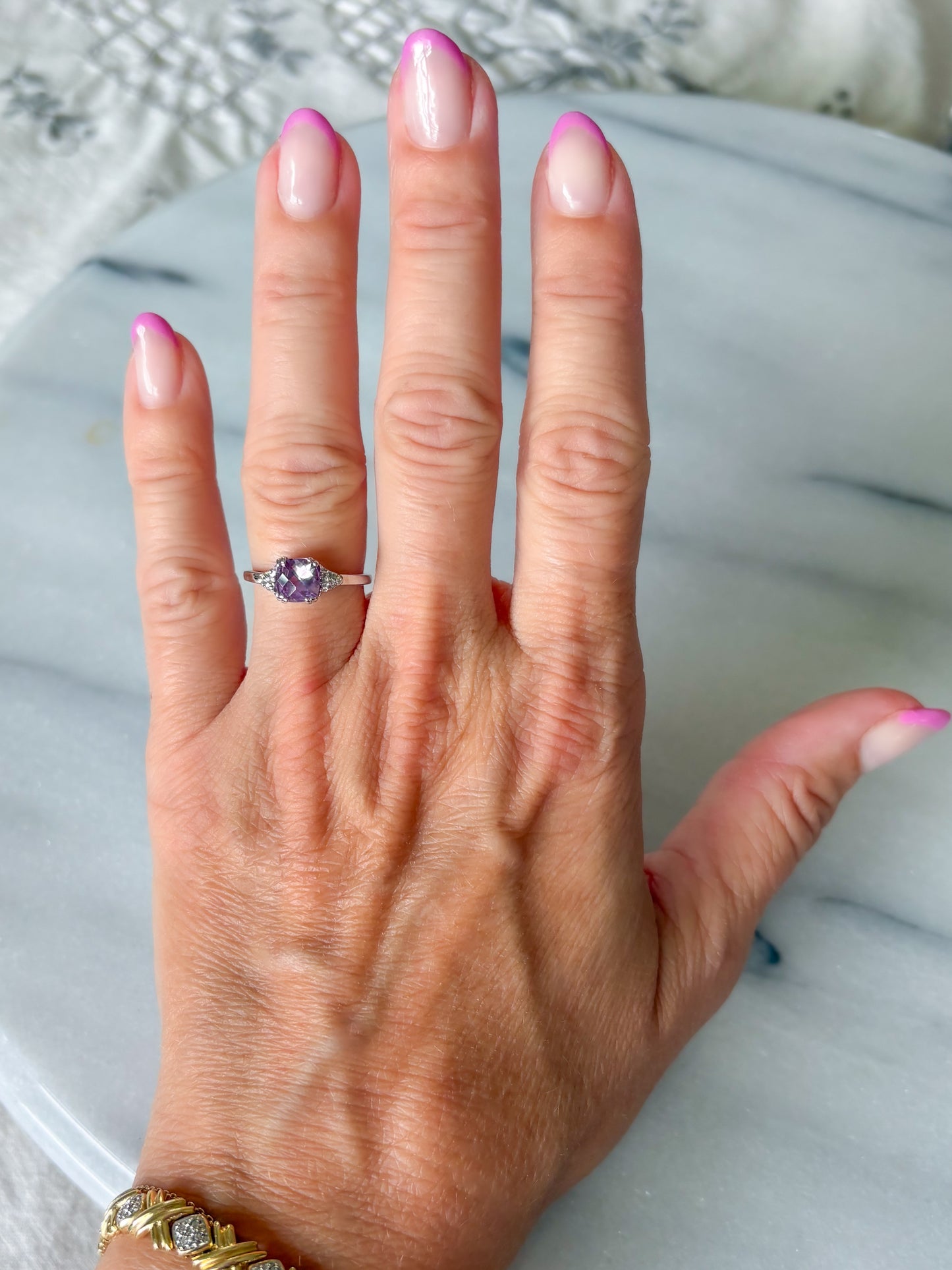 Vintage Amethyst and Natural Diamond 14k White Gold Ring