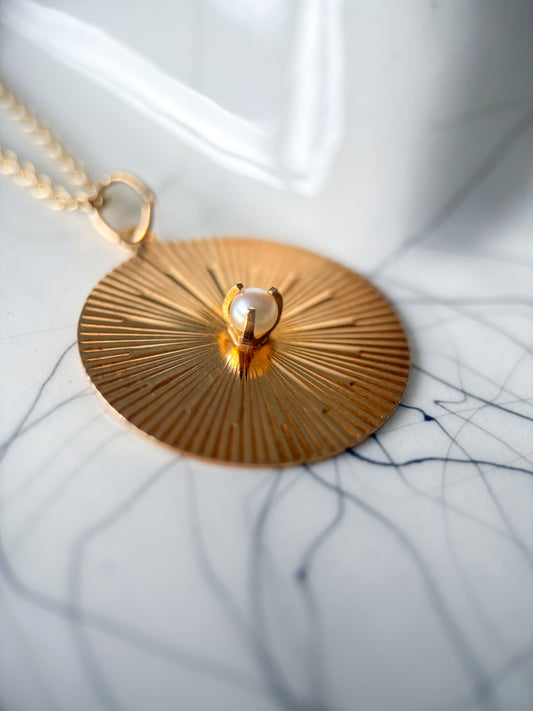 Vintage Engine Turned Disk with Pearl 14k Yellow Gold Charm