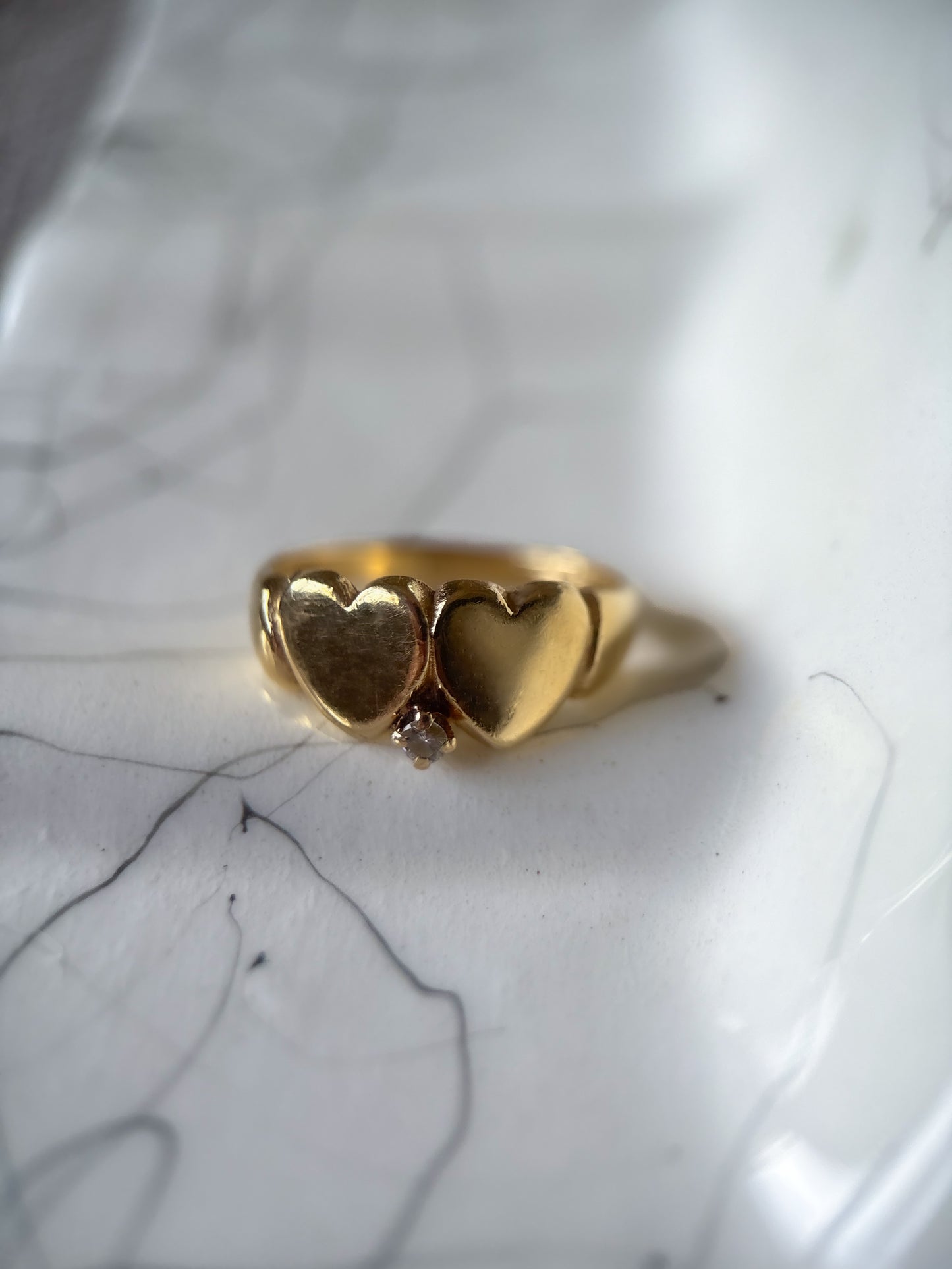 Vintage Double Heart with Natural Diamond 14k Yellow Gold Ring