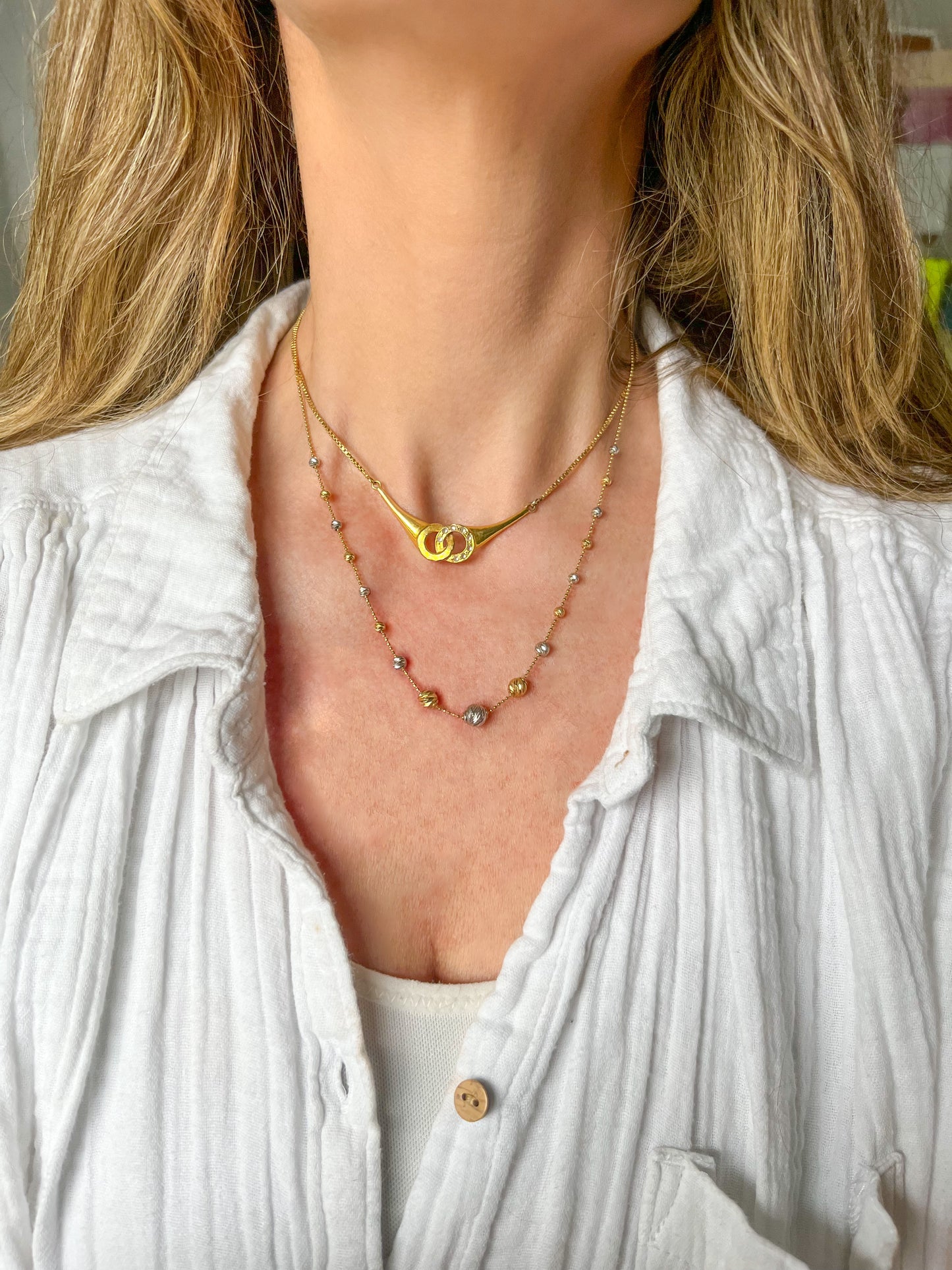Vintage Two Toned Ball Chain with Two Toned Ball Accents 14k Yellow and White Gold Necklace