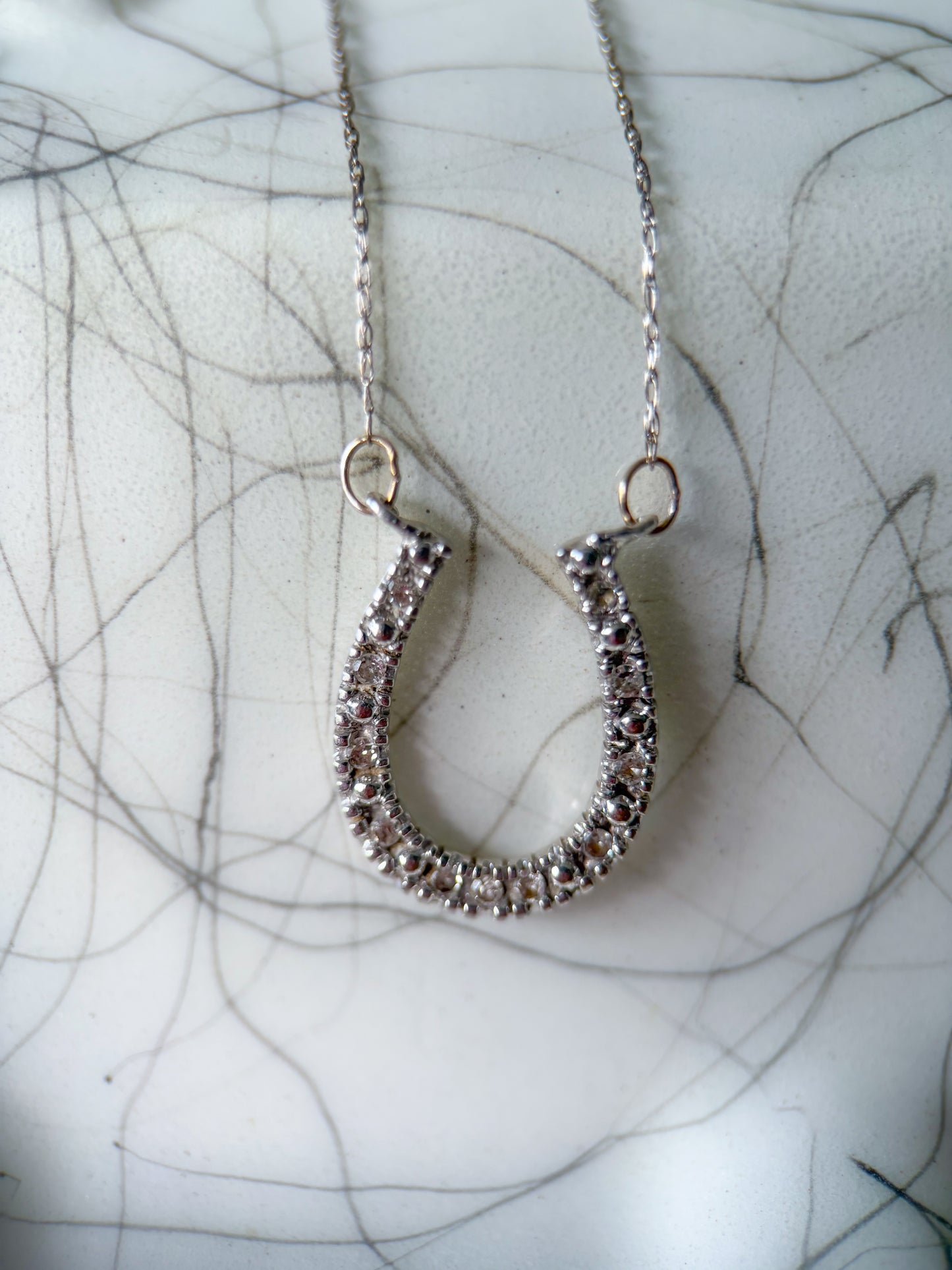 Vintage Natural Diamond Horseshoe Charm 14k White Gold with 20 Inch Chain