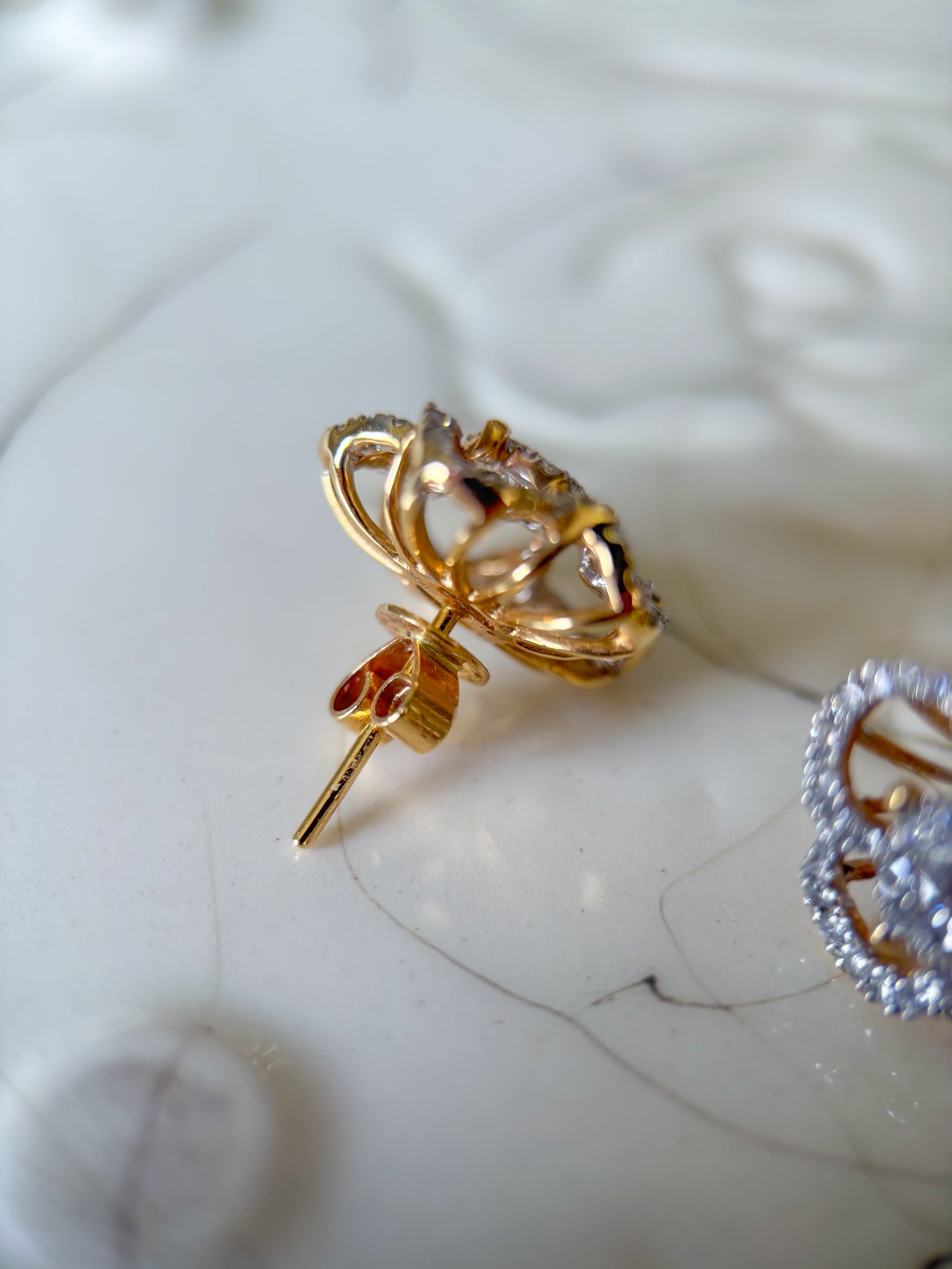 Natural Diamond Flower 14k Yellow Gold Large Stud Earrings