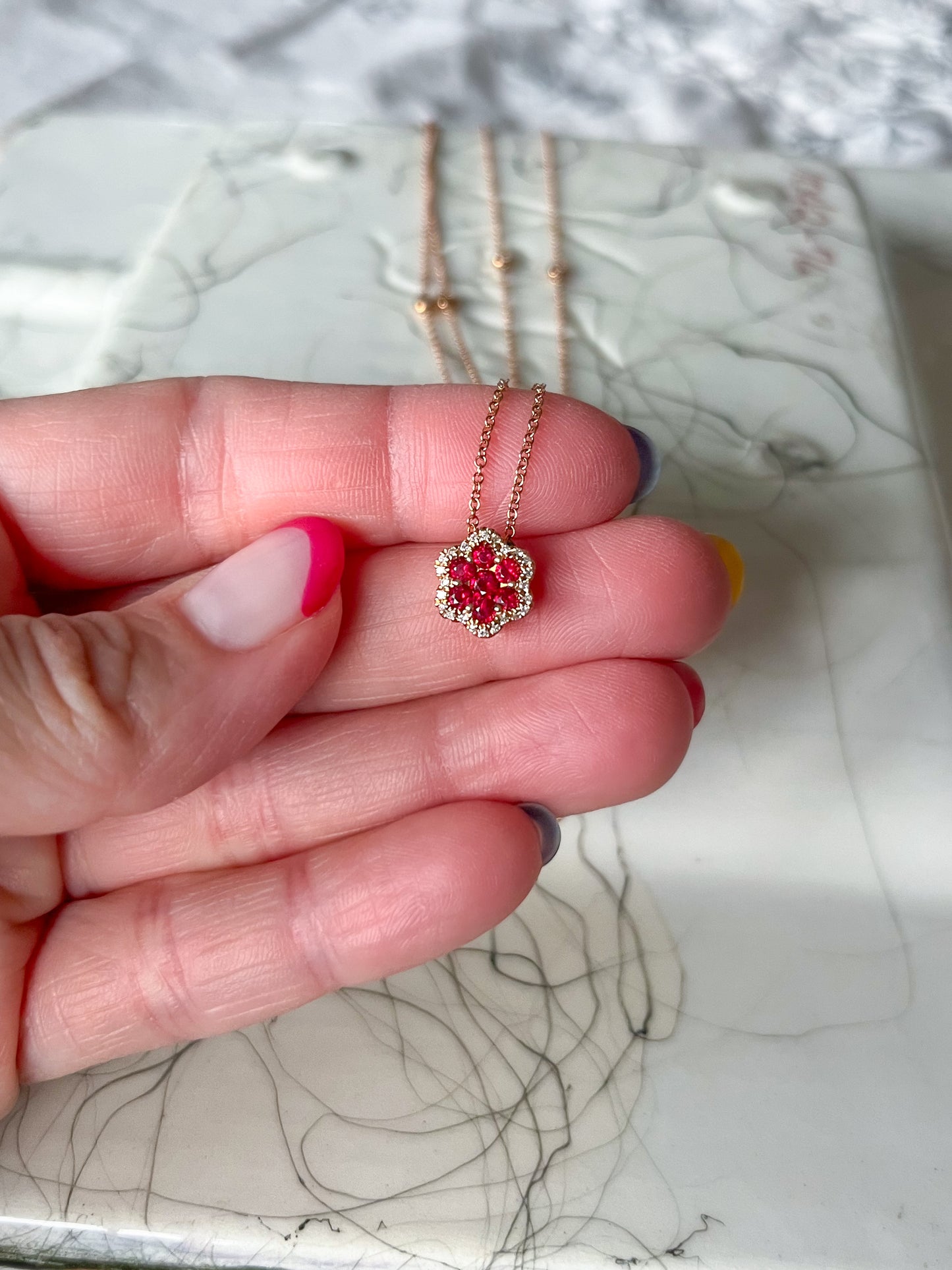 Natural Ruby, Emerald and Diamond Flower Charms in 14k Rose Gold