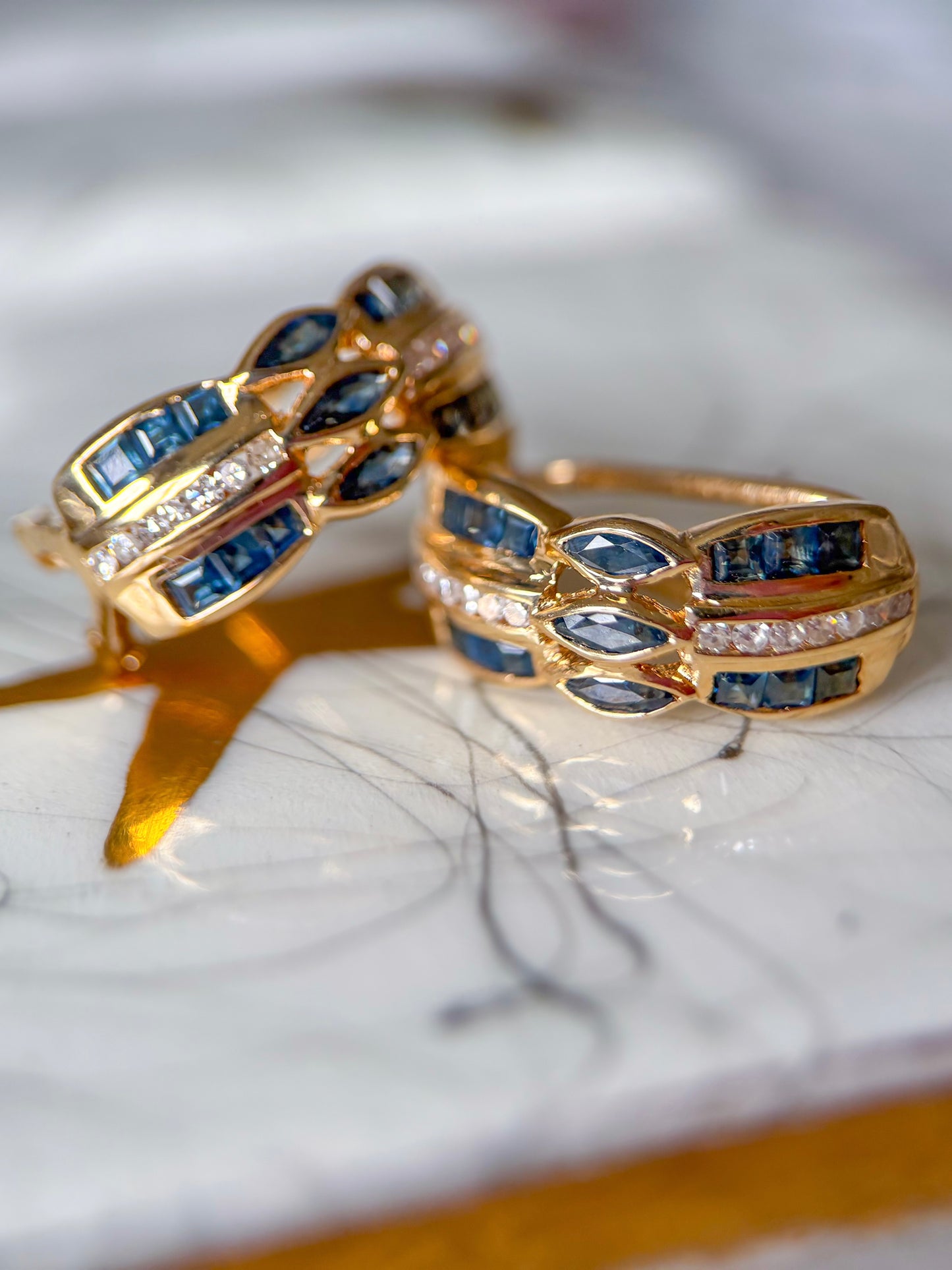 Vintage Natural Sapphire and Diamond 14k Yellow Gold Half Hoop Earrings