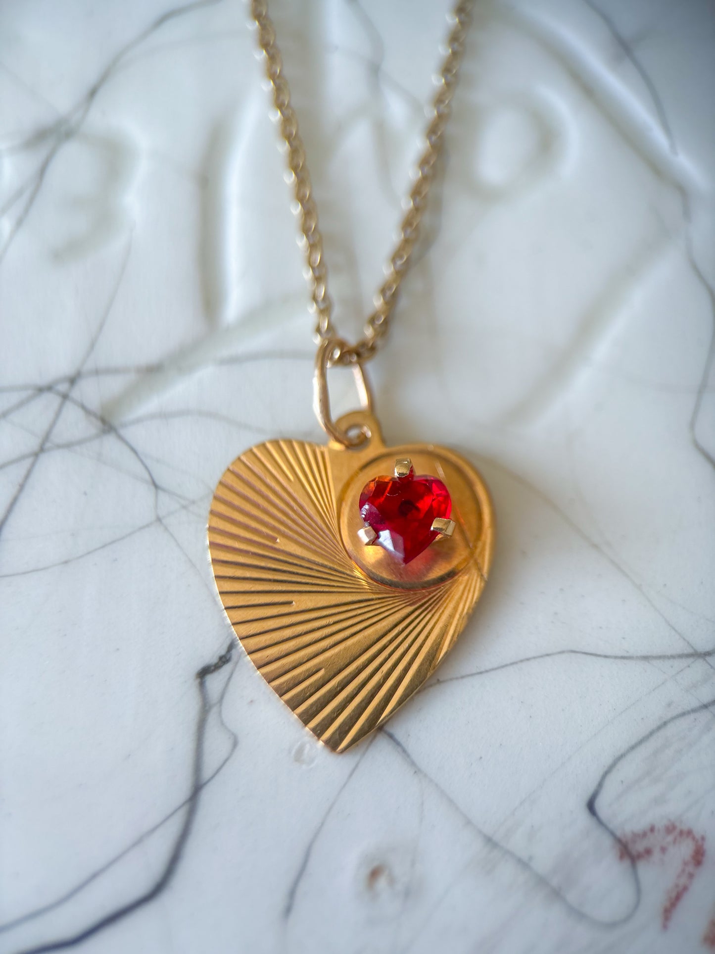Vintage Engine Turned Heart 14k Yellow Gold Charm with Red Stone