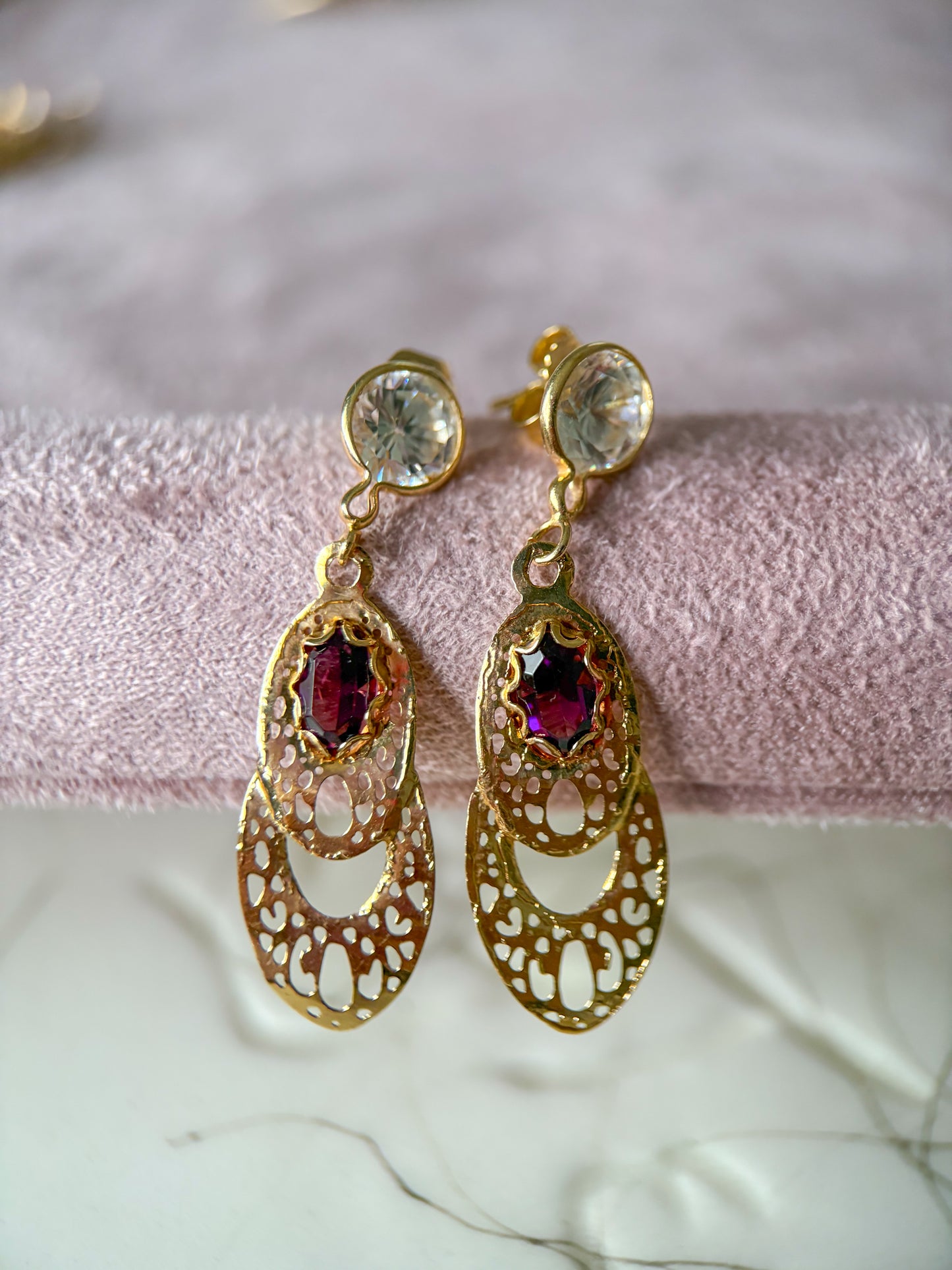 Vintage Natural Amethyst 14k Yellow Gold Drop Earrings