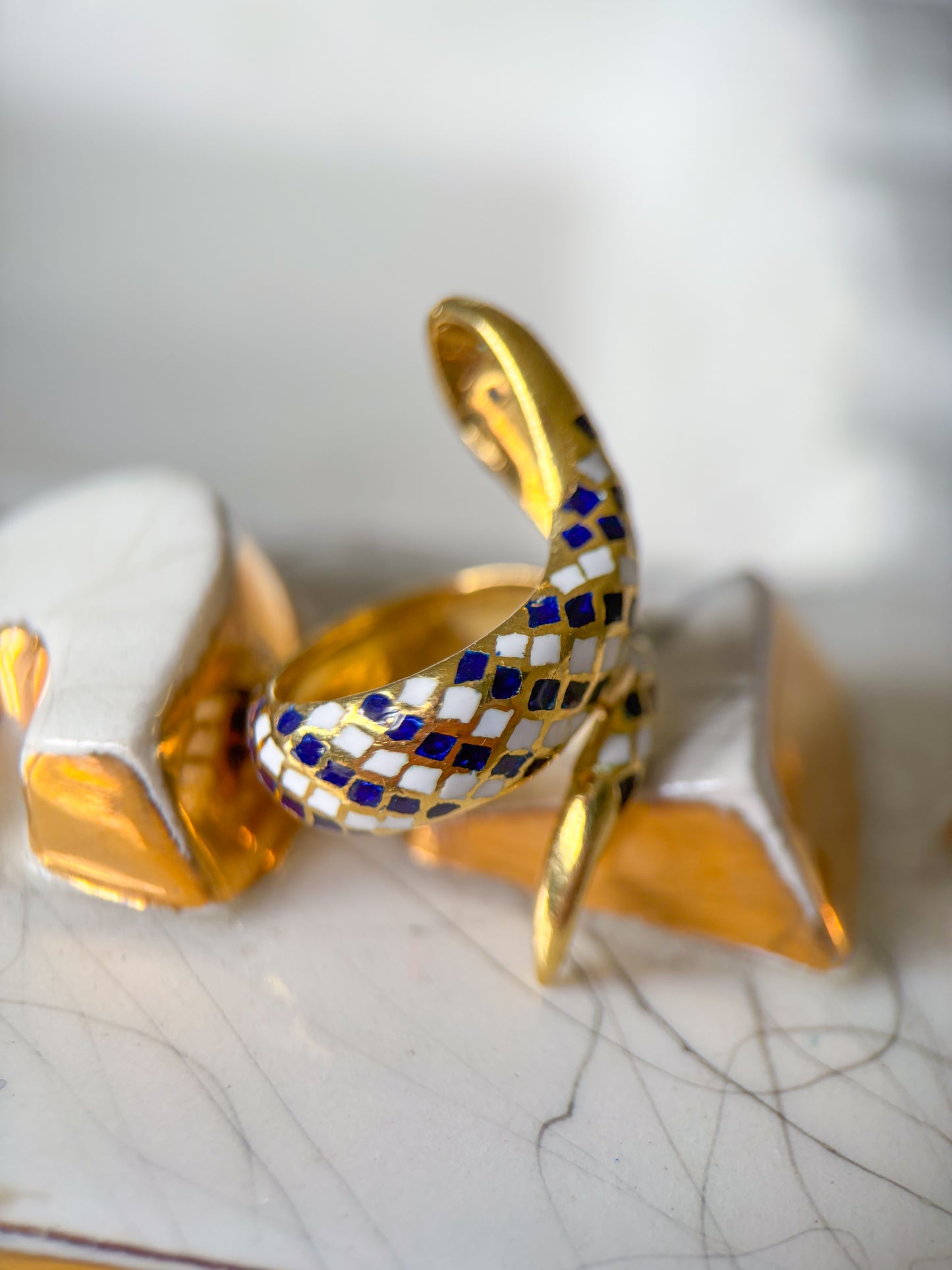 Vintage Enamel and Natural Sapphire 18k Yellow Gold Snake Ring, Size 3 1/4, circa 1960s