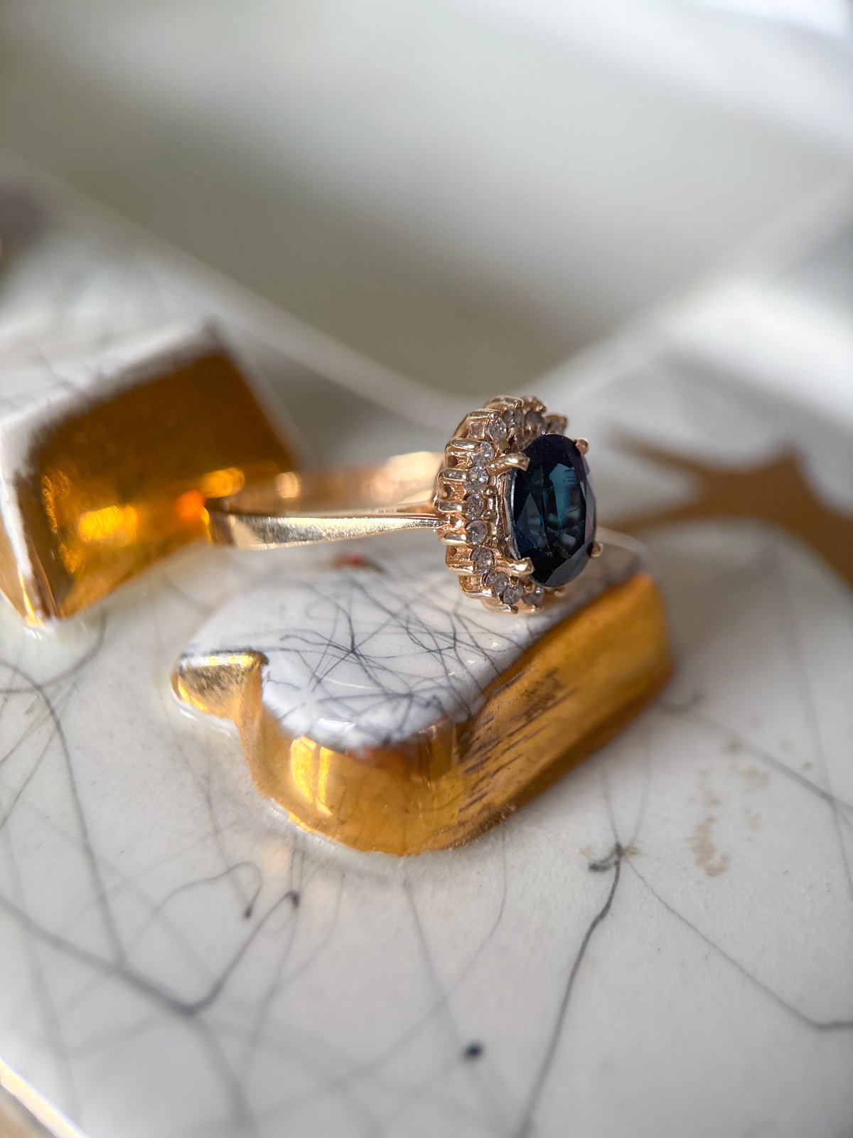 Vintage Oval Natural Sapphire and Diamond 14k Yellow Gold Ring