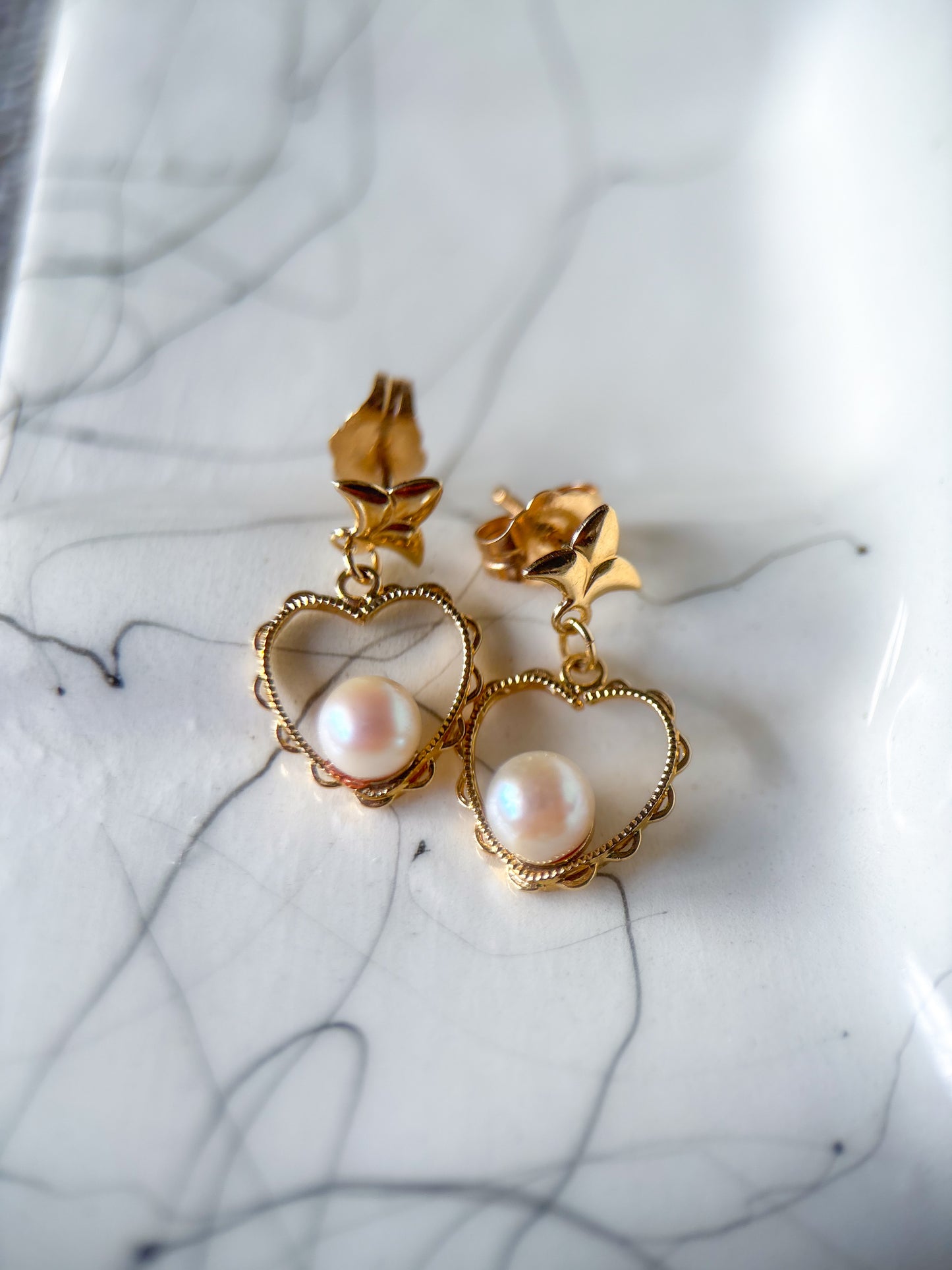 Vintage Heart and Pearl 14k Yellow Gold Drop Earrings