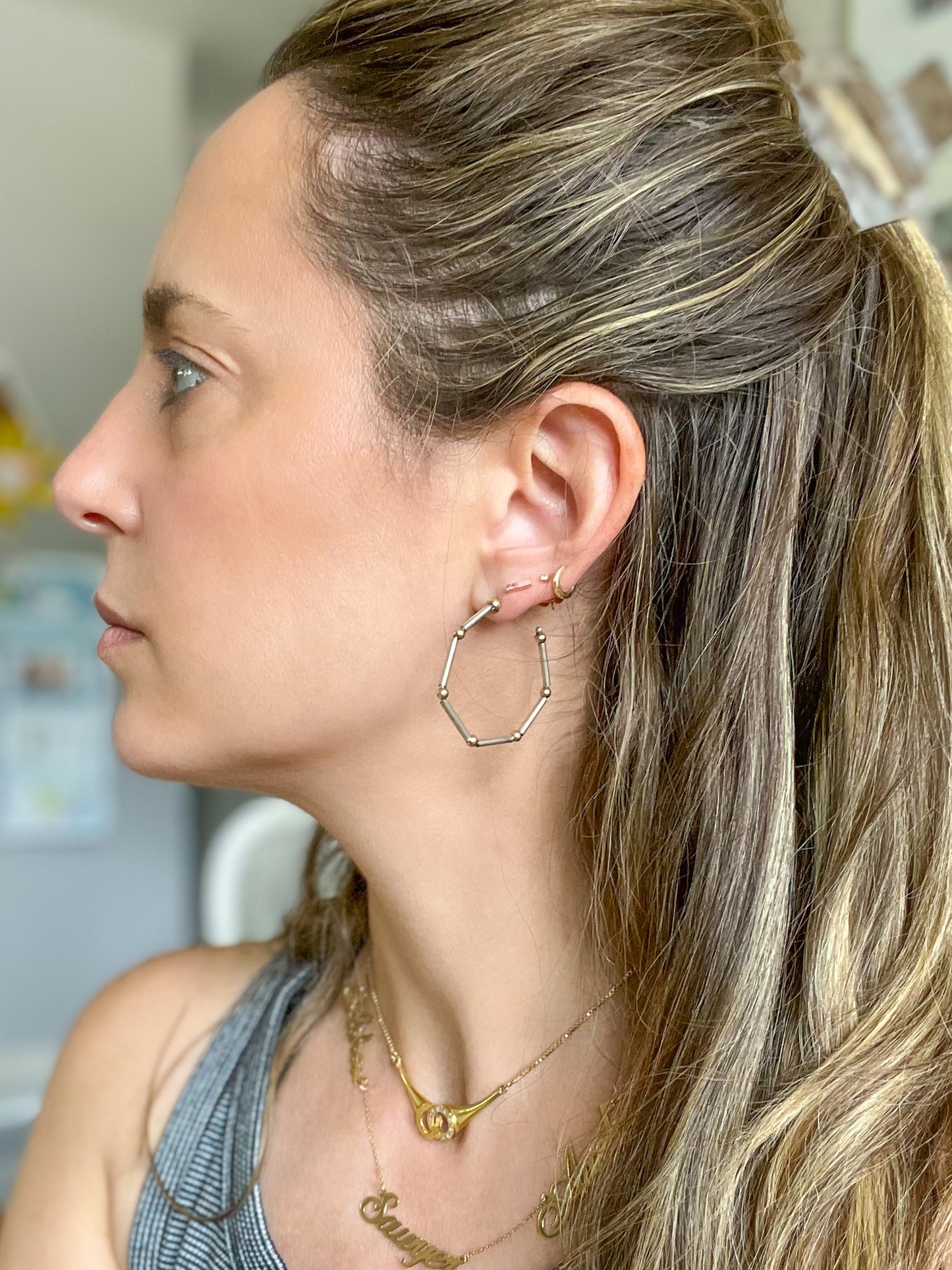 Vintage Sterling Silver Large Hoops with 14k Yellow Gold Balls, Circa 1970s