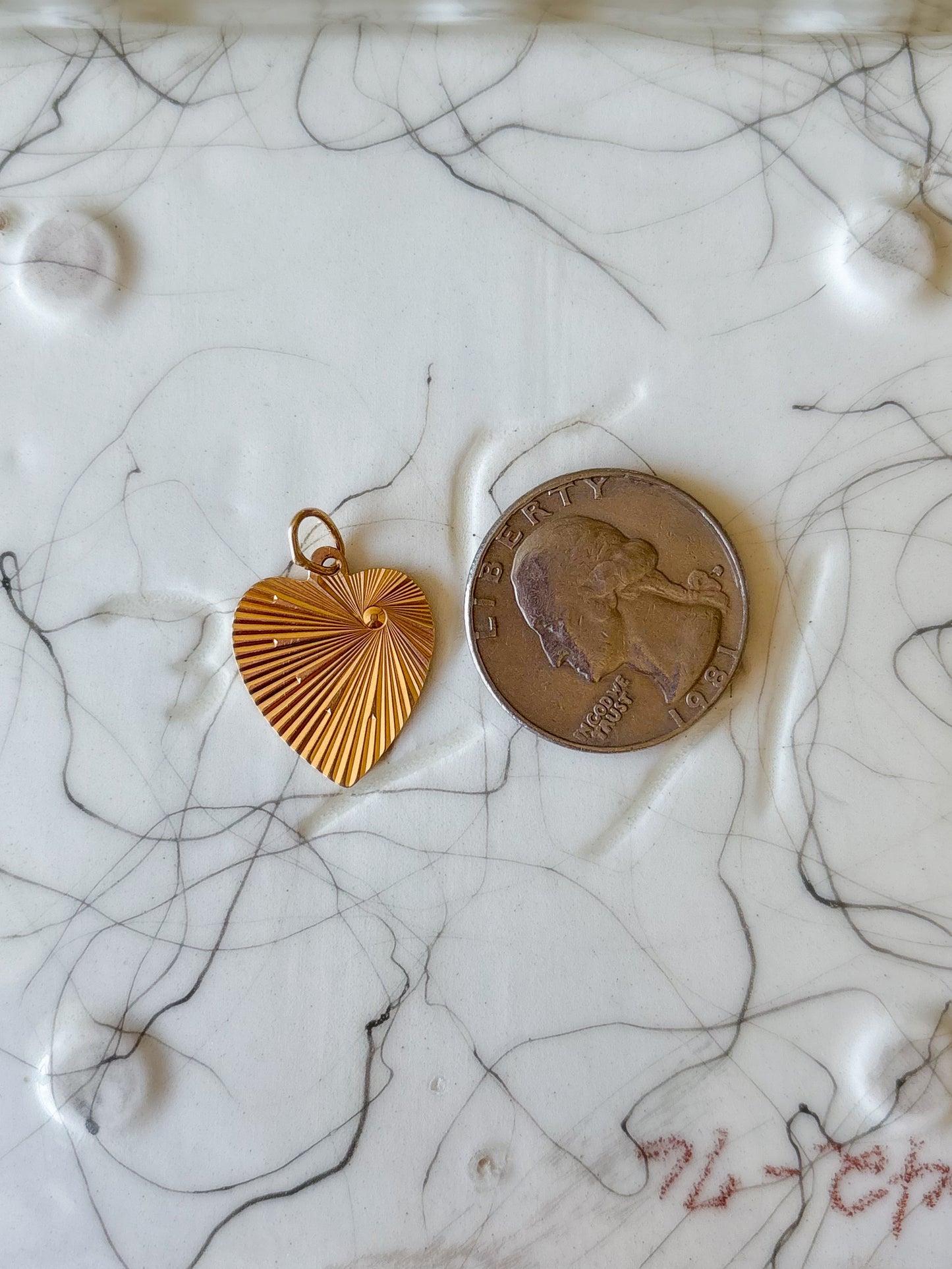 Vintage Engine Turned Heart 14k Yellow Gold Charm, Engraved: "Honor Thy Father and Thy Mother"