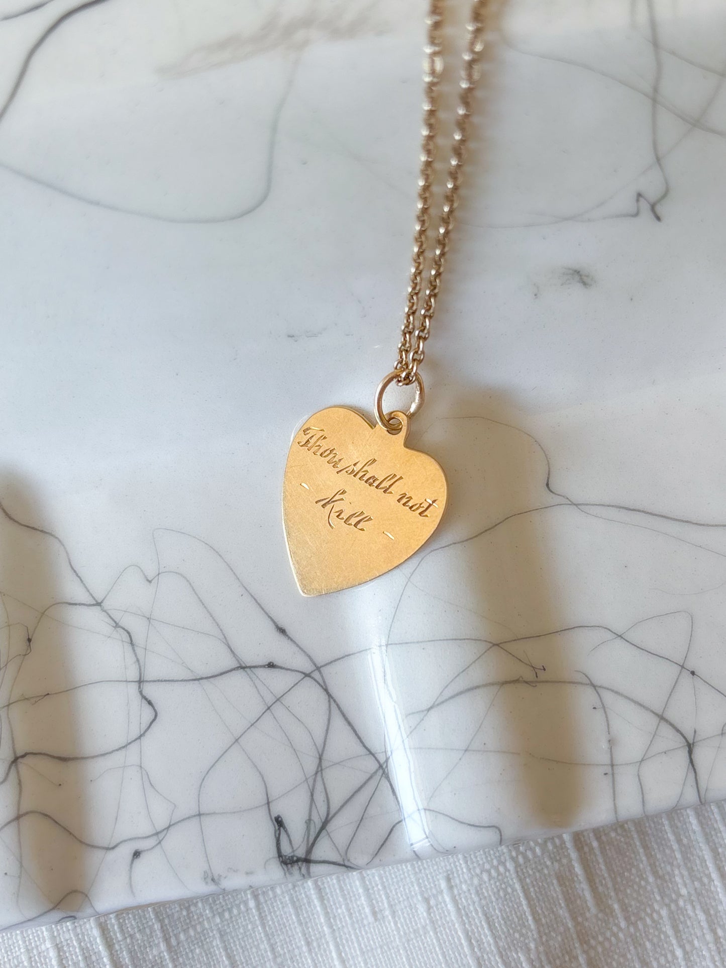 Vintage Engine Turned Heart 14k Yellow Gold Charm, Engraved: "Thou Shall Not Kill"