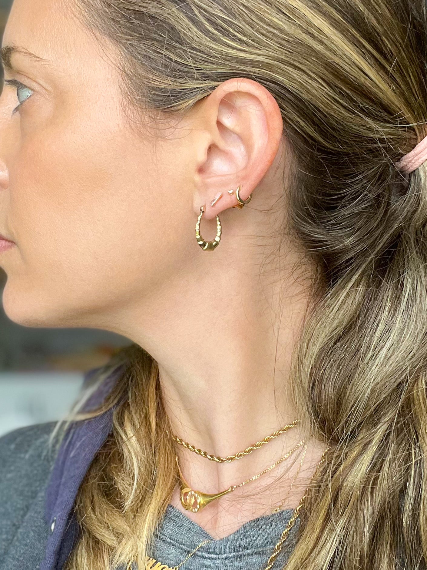 Vintage Oval Layered 14k Yellow Gold Hoop Earrings