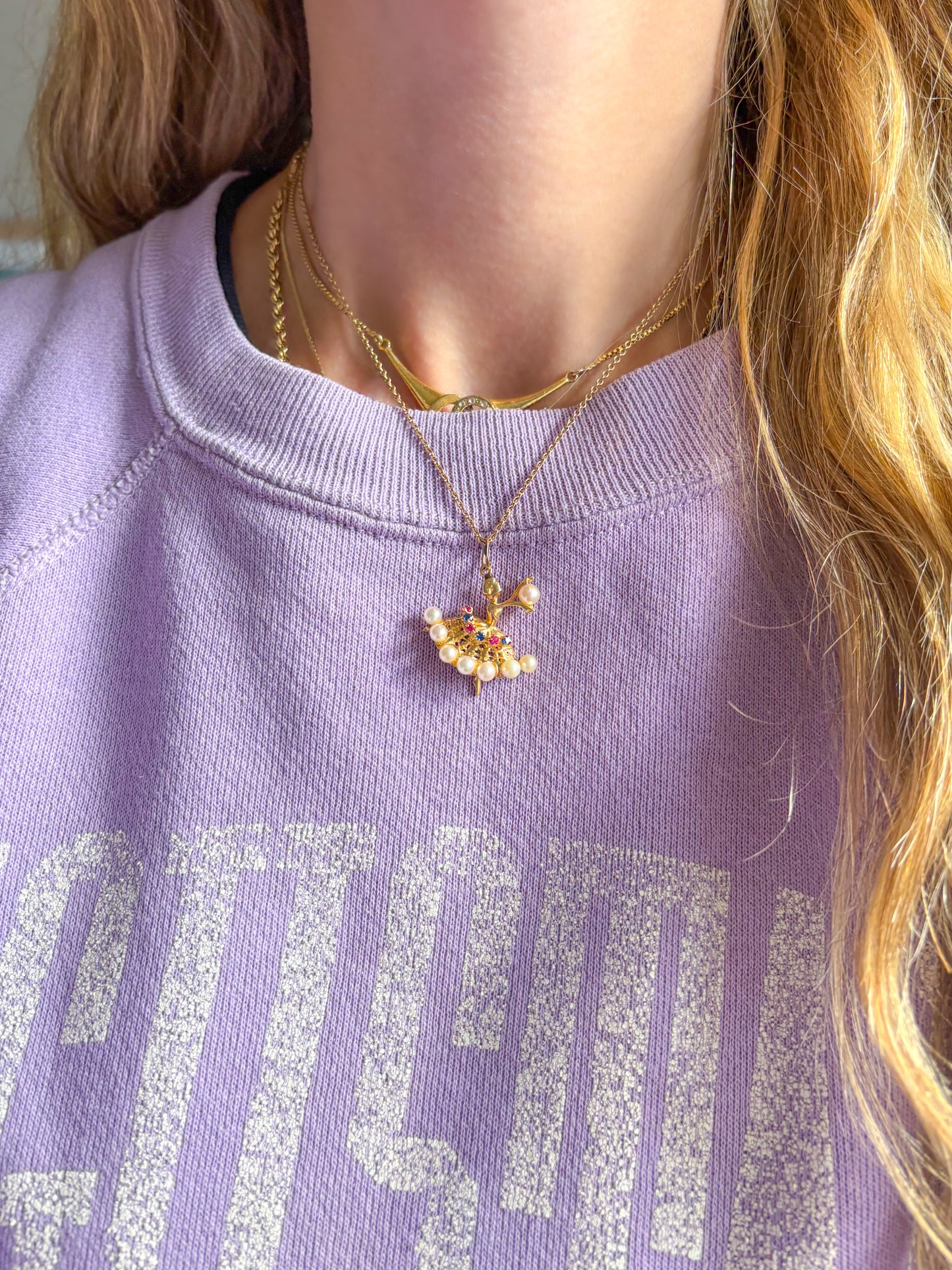 Vintage Ballerina with Natural Rubies, Sapphires and Pearls 14k Yellow Gold Charm