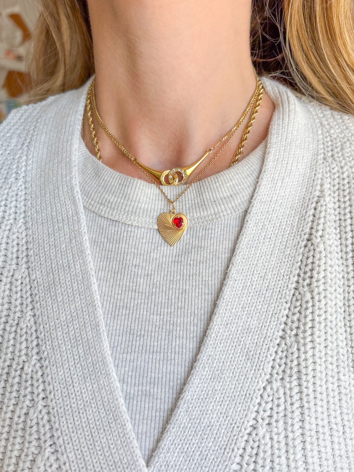 Vintage Engine Turned Heart 14k Yellow Gold Charm with Red Stone