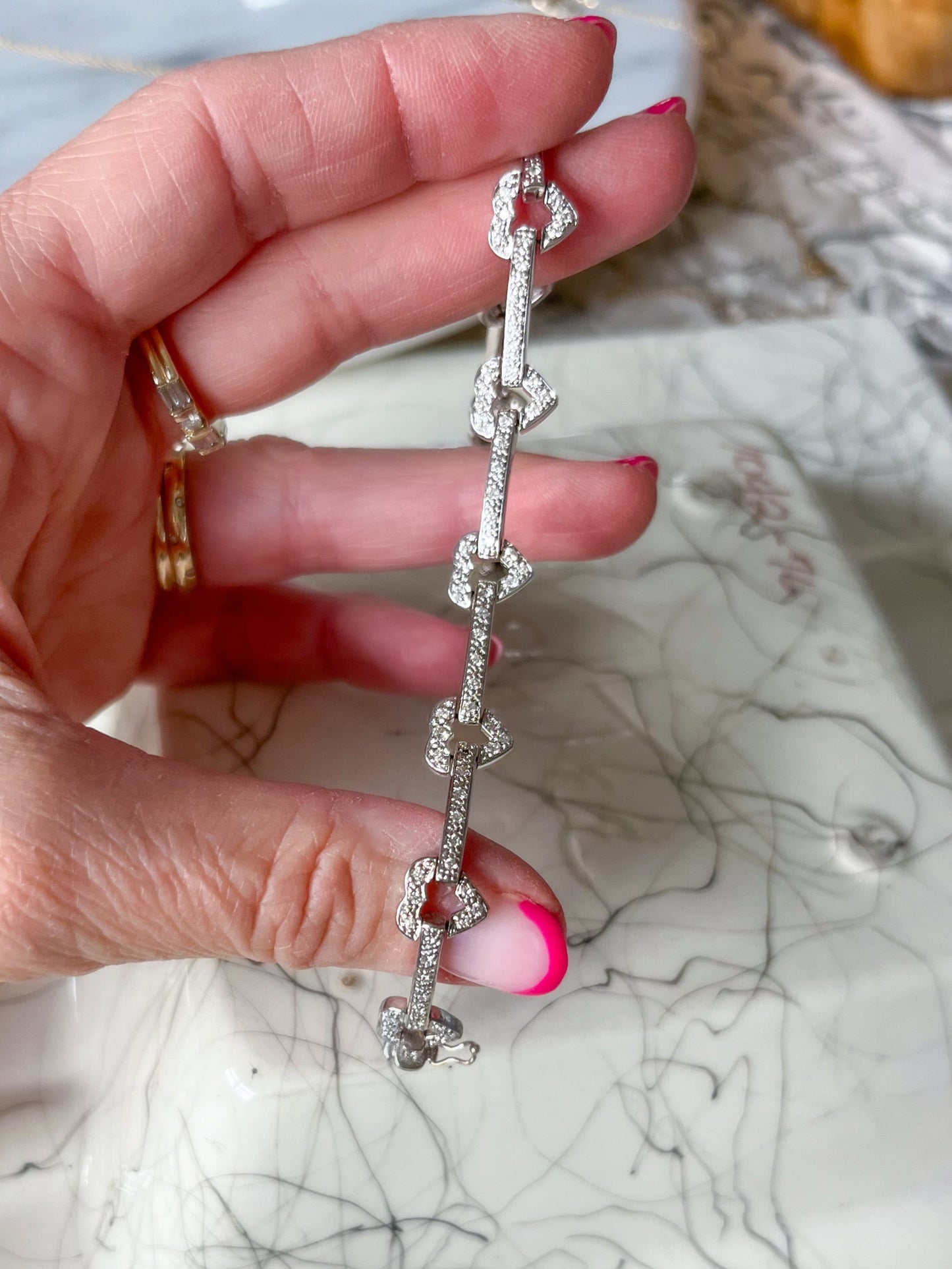 Vintage Natural Diamond Heart 14k White Gold 7 Inch Bracelet