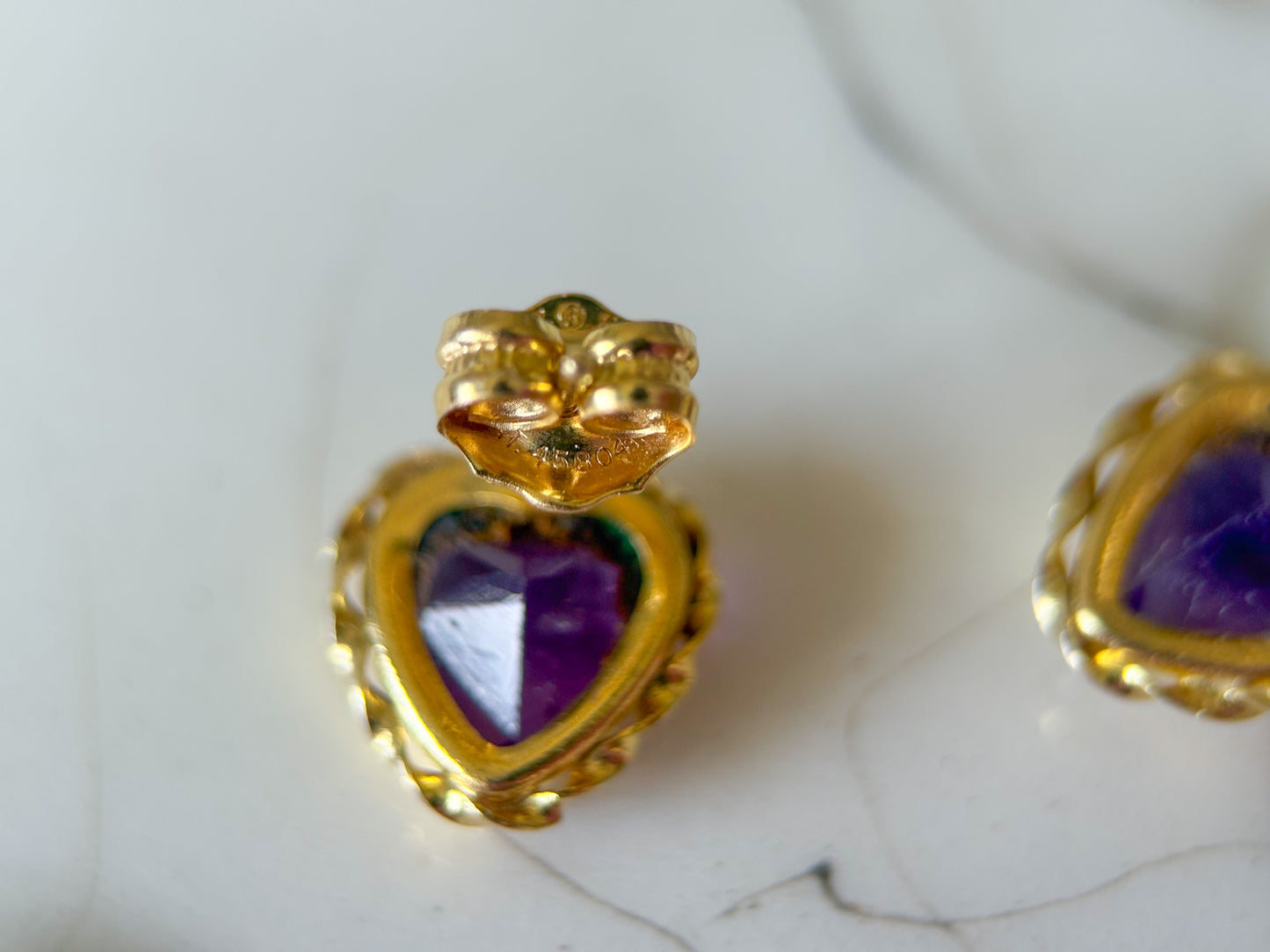 Vintage Natural Heart Amethyst 14k Yellow Gold Earrings