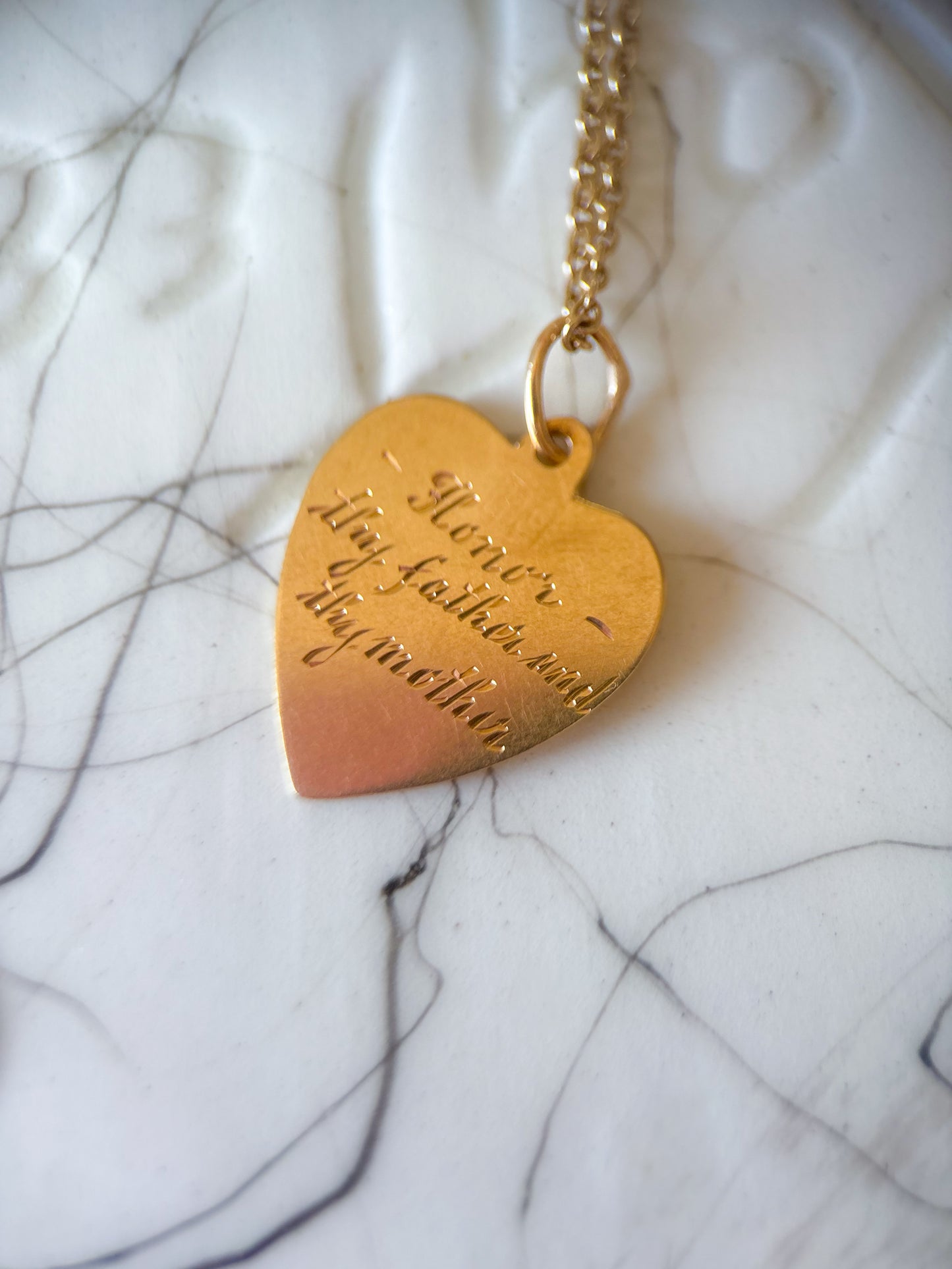 Vintage Engine Turned Heart 14k Yellow Gold Charm, Engraved: "Honor Thy Father and Thy Mother"