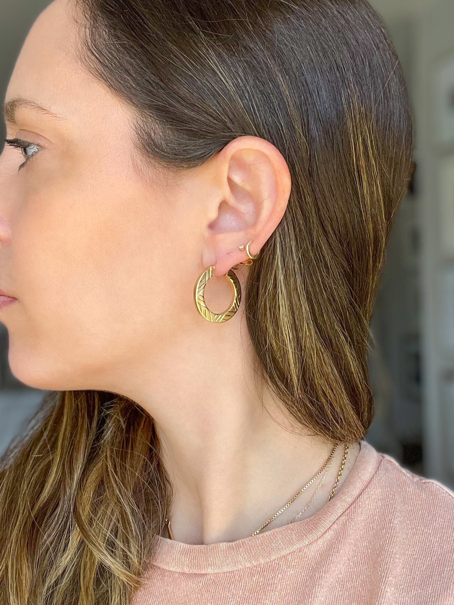 Vintage Large Flat Etched 14k Yellow Gold Hoop Earrings