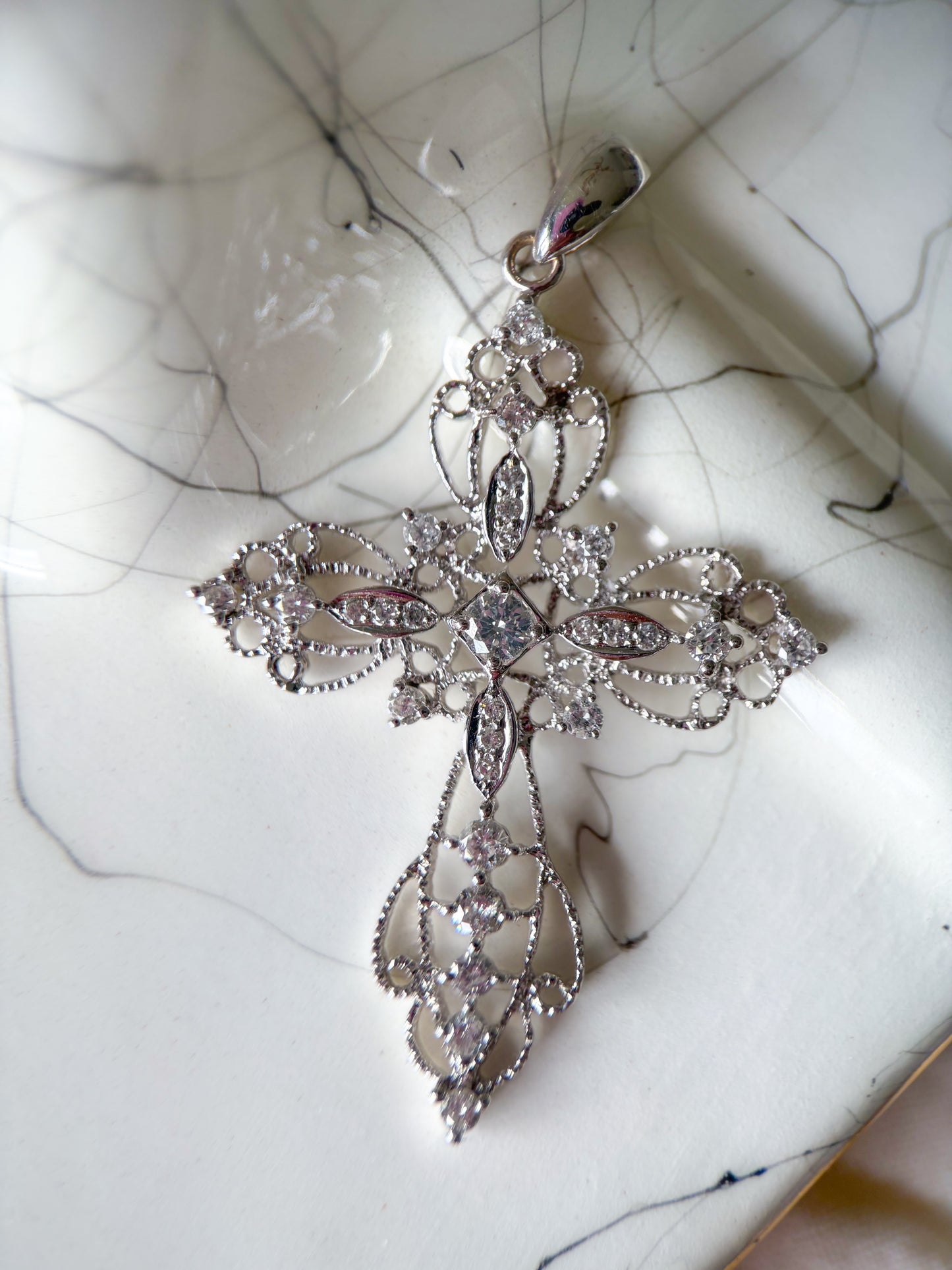 Vintage Natural Diamond Large 14k White Gold Cross Charm