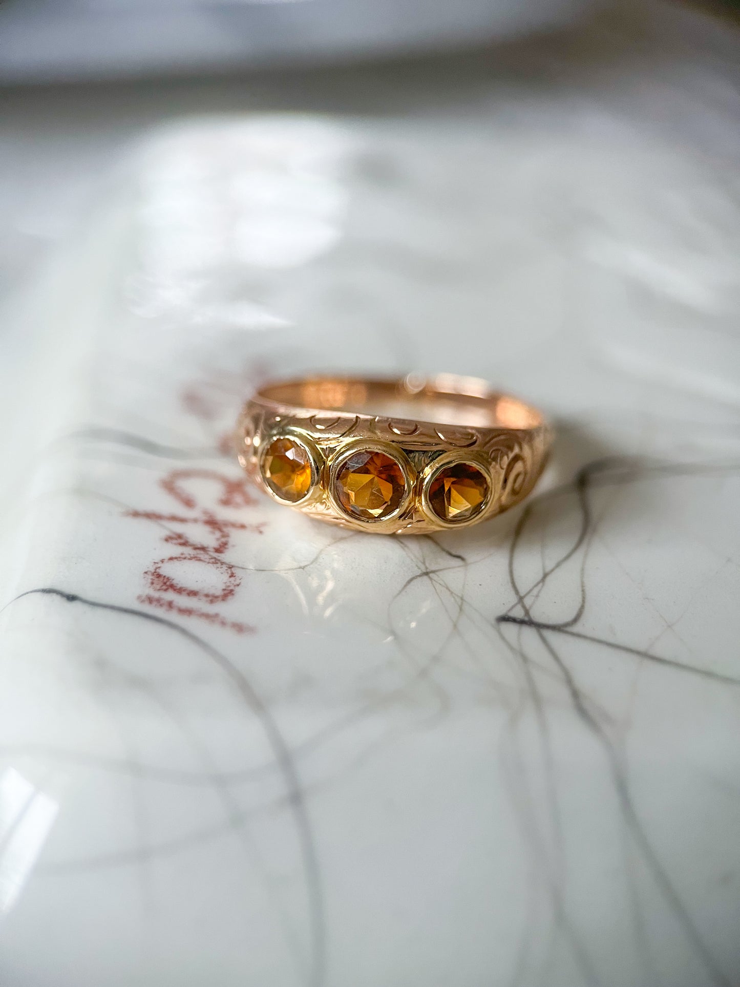 Vintage Three Stone Natural Citrine 10k Yellow Gold Ring