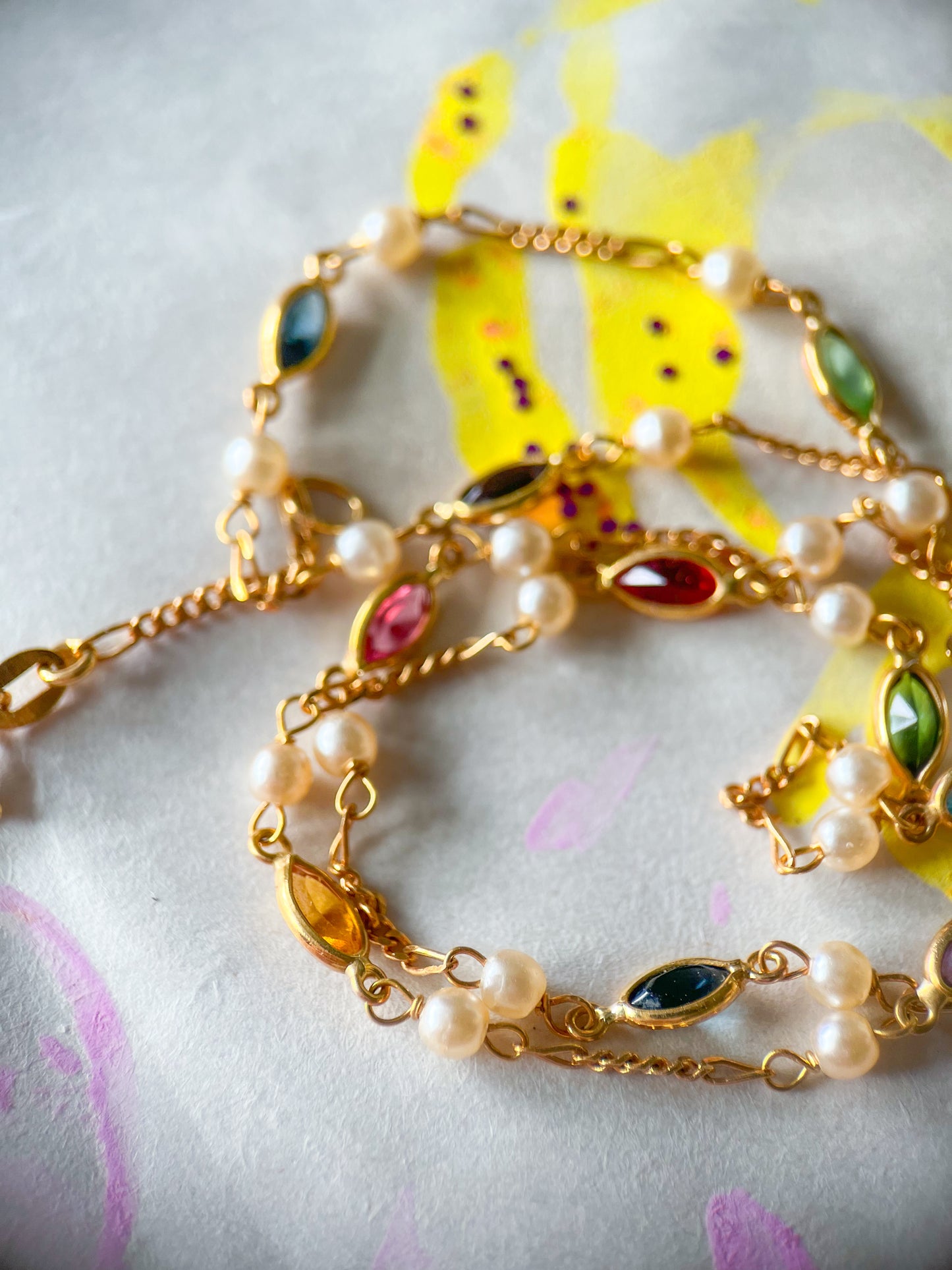 Vintage Pearl and Natural Gemstone 18k Yellow Gold 16 Inch Chain Necklace
