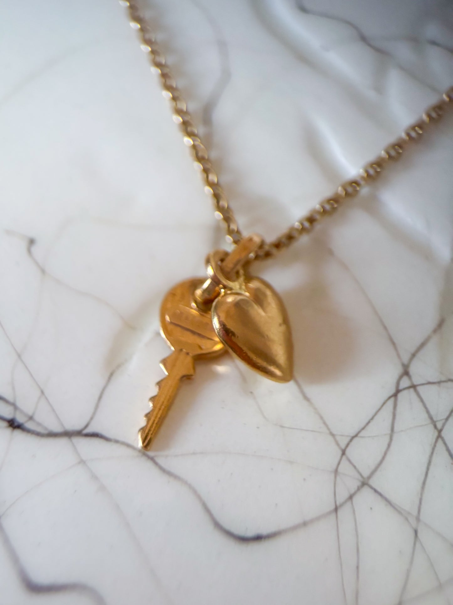 Vintage Mini Puffy Heart and Key 14k Yellow Gold Charm