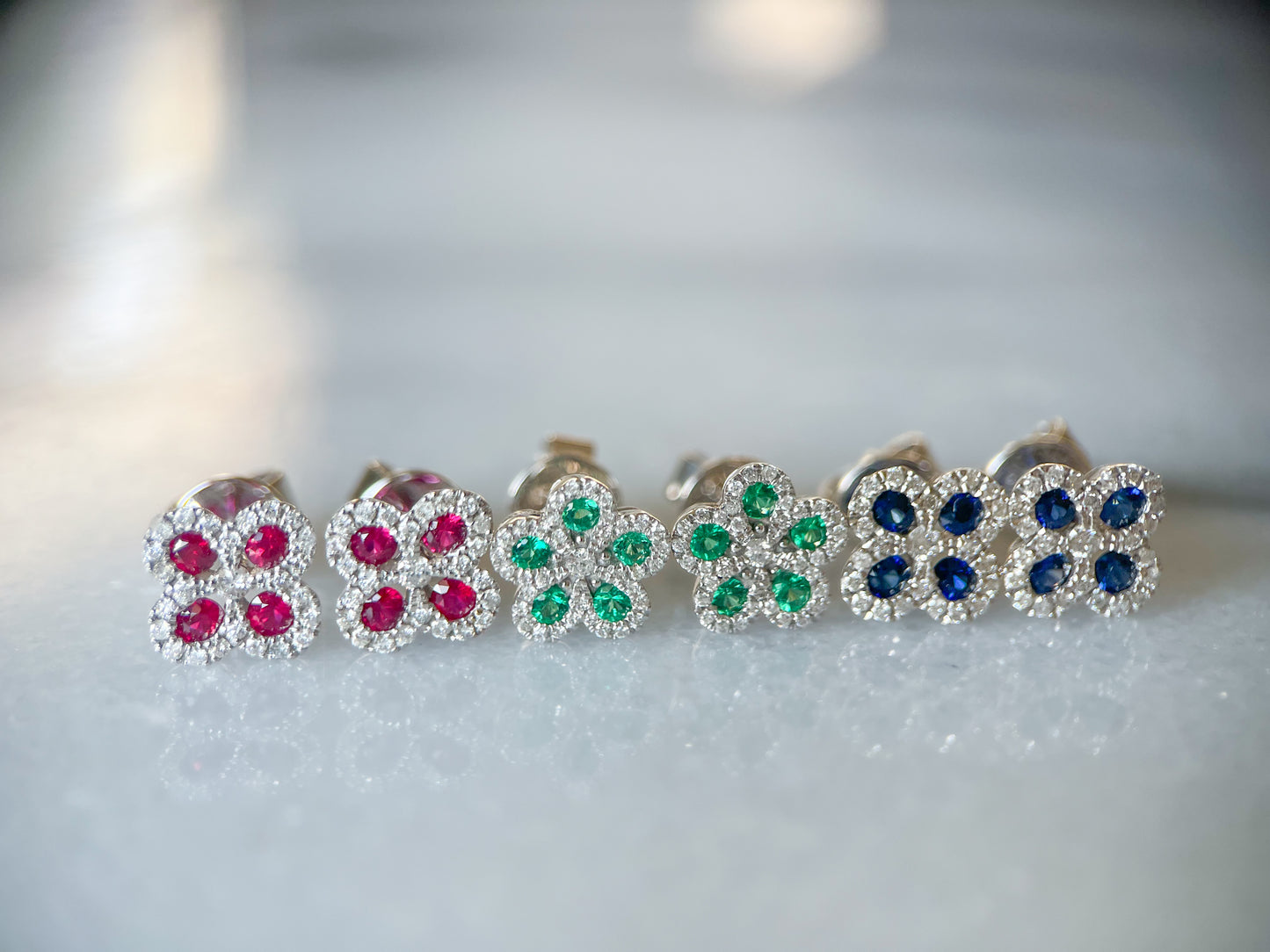 Natural Ruby, Sapphire, Emerald and Diamond 14k White Gold Flower Stud Earrings