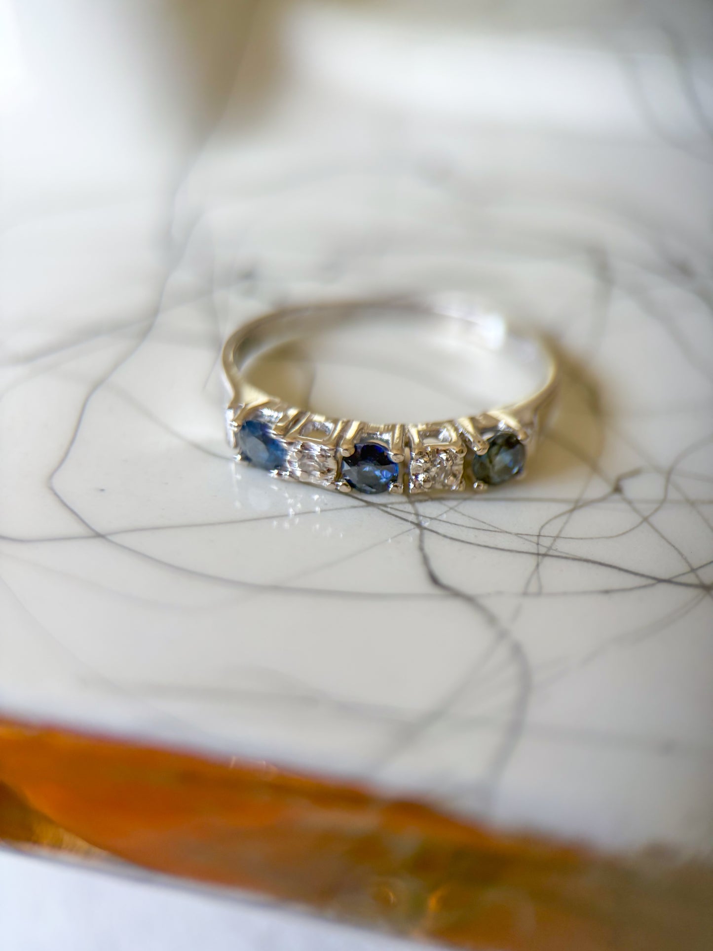 Vintage Natural Sapphire and Natural Diamond 14k White Gold Half Band