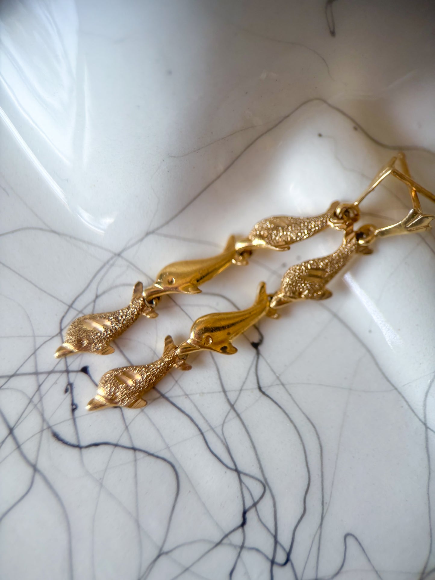 Vintage Dolphin 14k Yellow Gold Drop Earrings
