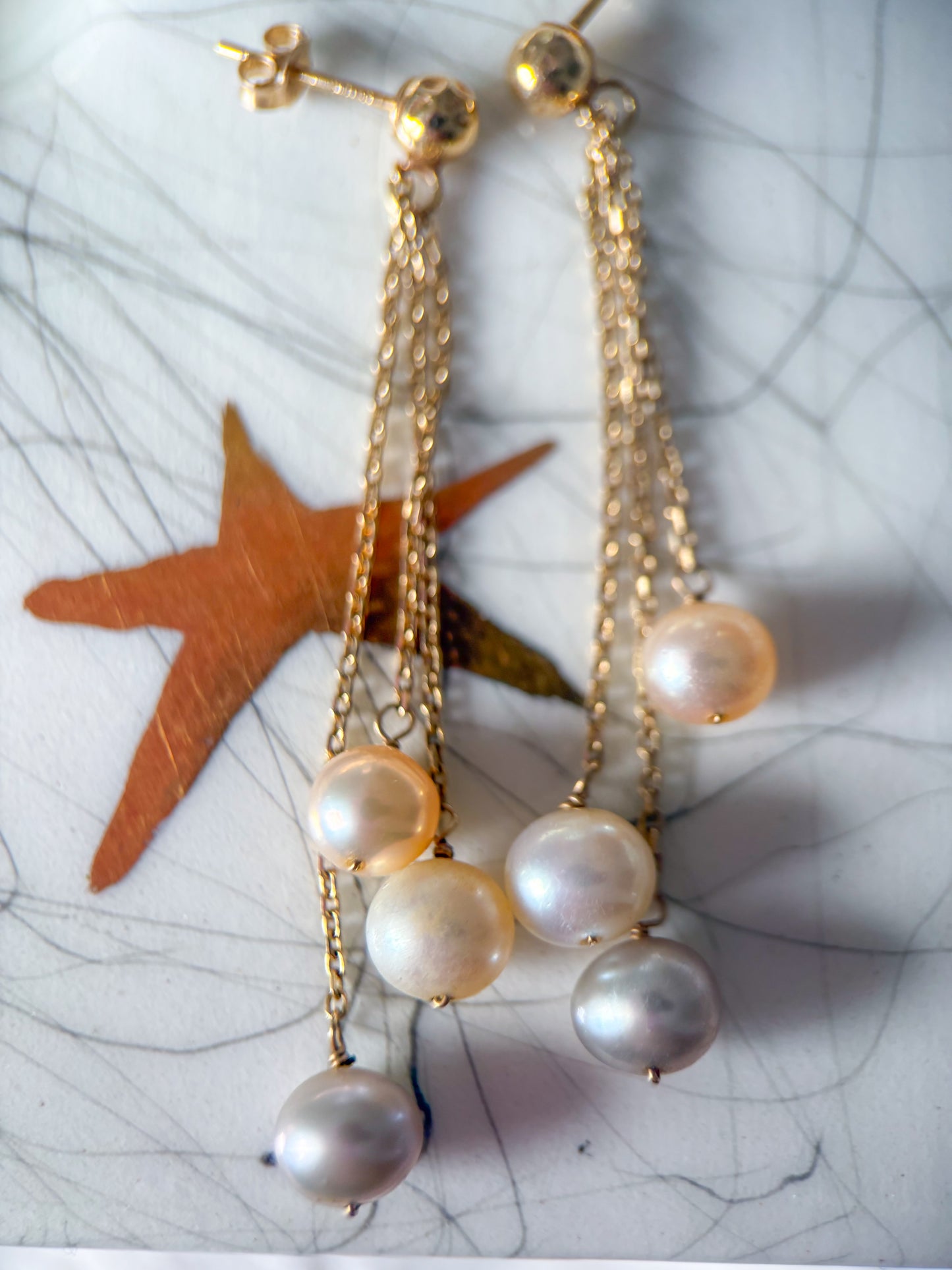 Vintage Pearl Dangle Stud 14k Yellow Gold Earrings