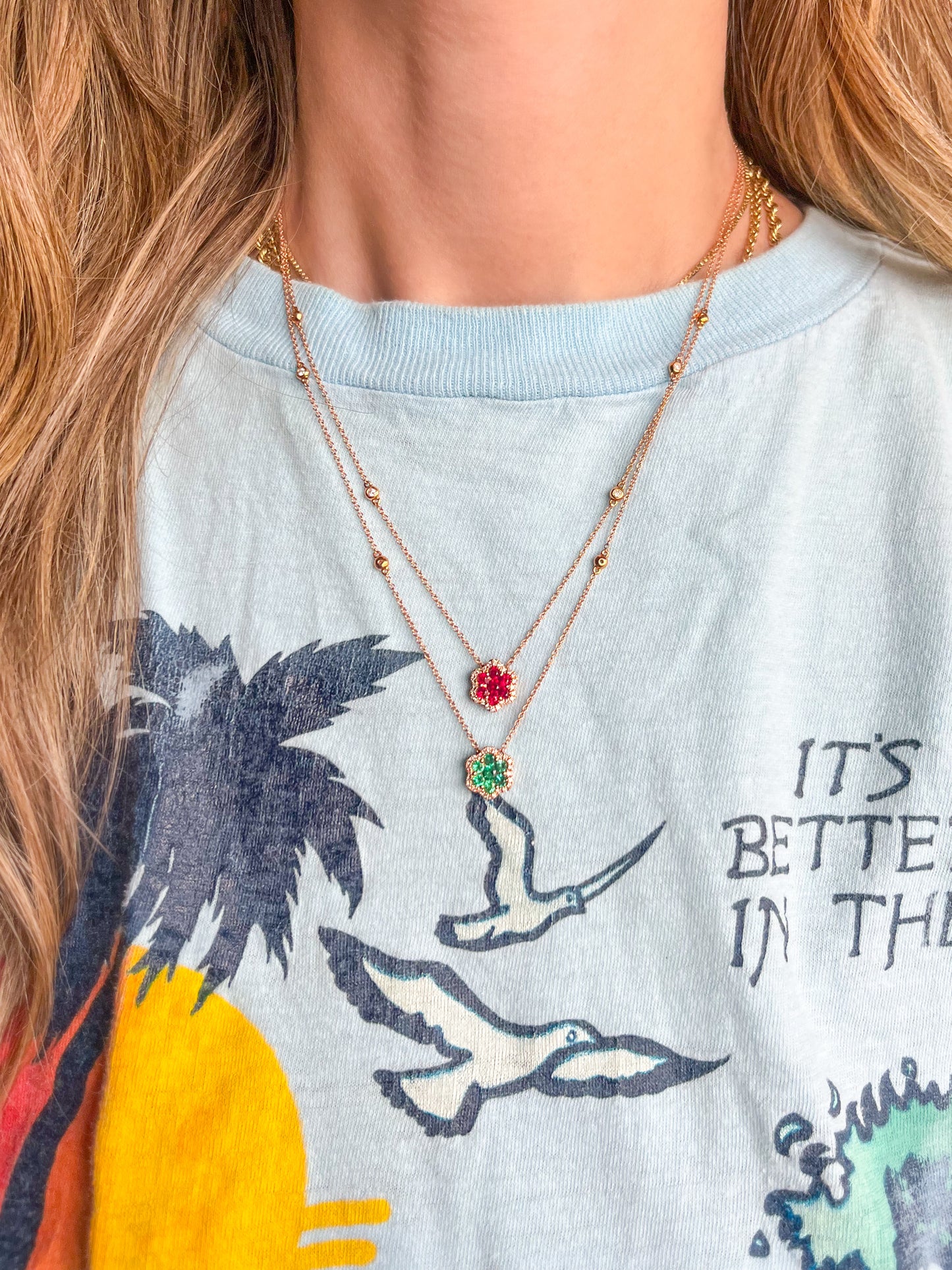 Natural Ruby, Emerald and Diamond Flower Charms in 14k Rose Gold