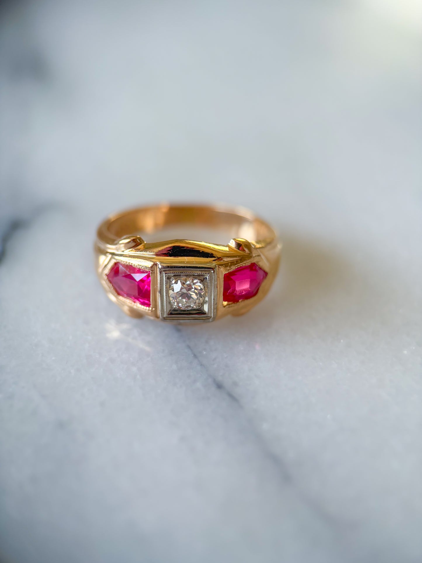 Vintage Three Stone Natural Diamond 14k Yellow Gold Ring