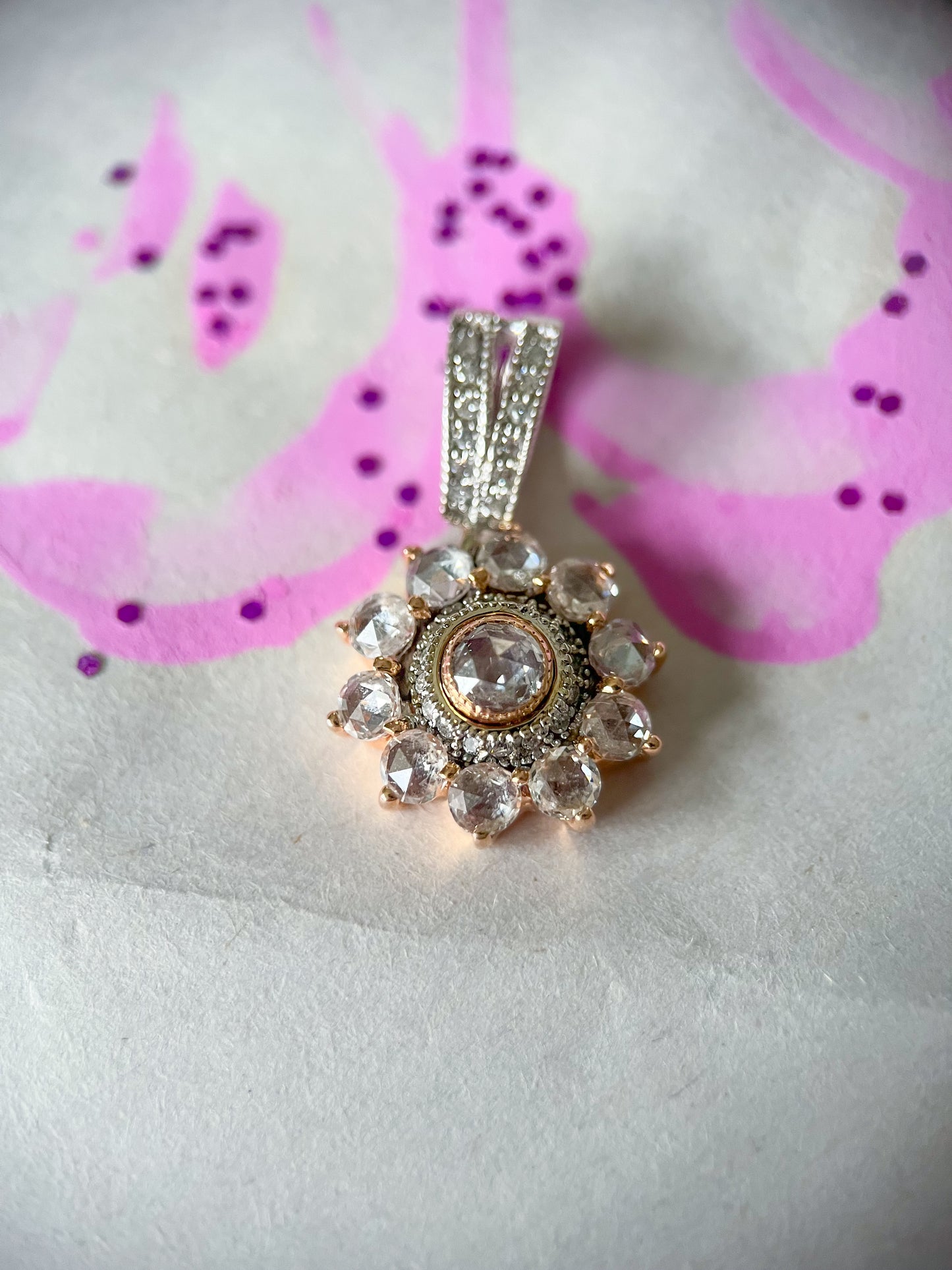 Vintage Natural Diamond Rose Cut Light Pink 14k Rose and White Gold Pendant Charm