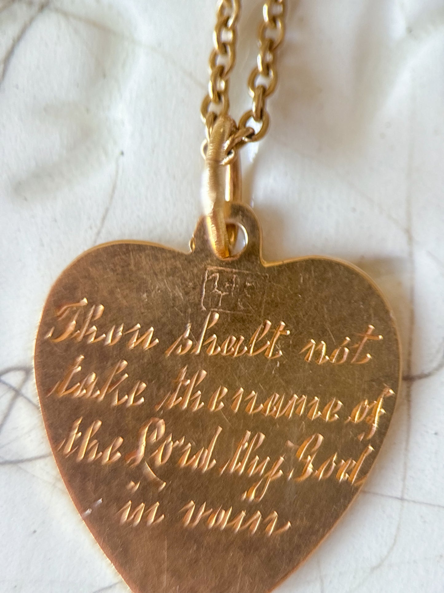 Vintage Engine Turned Heart 14k Yellow Gold Charm, Engraved: "Thou Shall Not Take the Name of the Lord thy God in Vain"