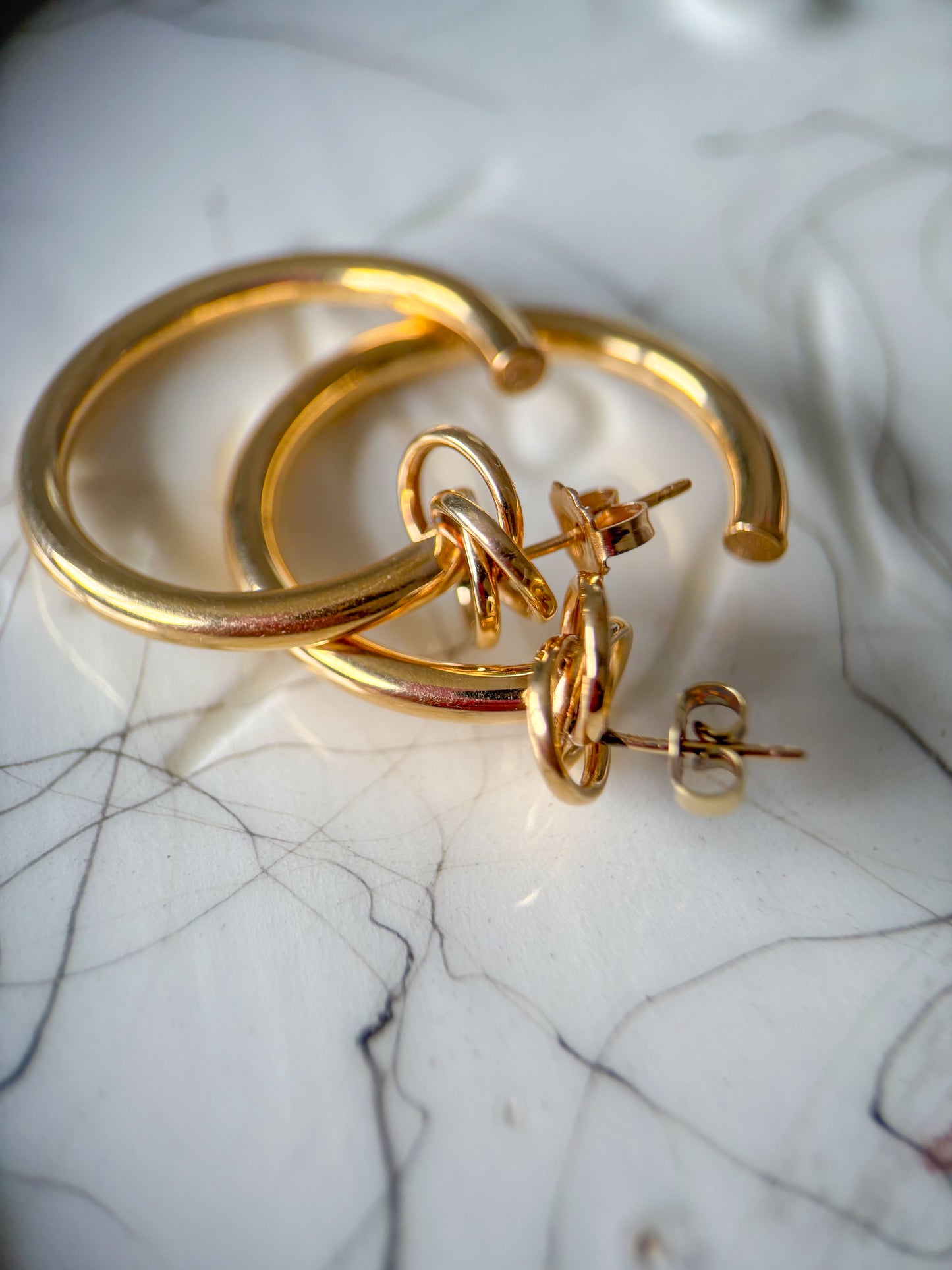 Vintage Large Tube with Knot 14k Yellow Gold Hoop Earrings