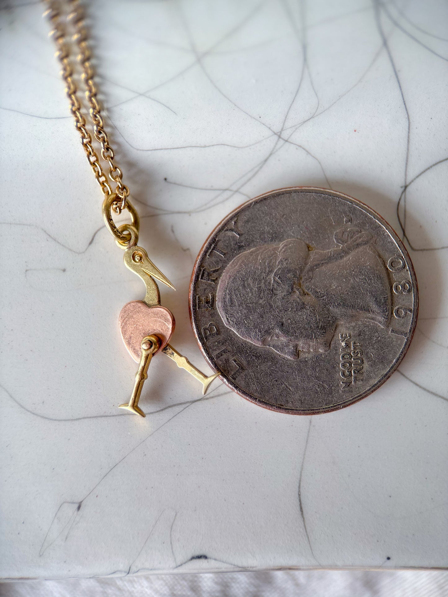 Vintage Mini Stork 14k Yellow and Rose Gold Charm