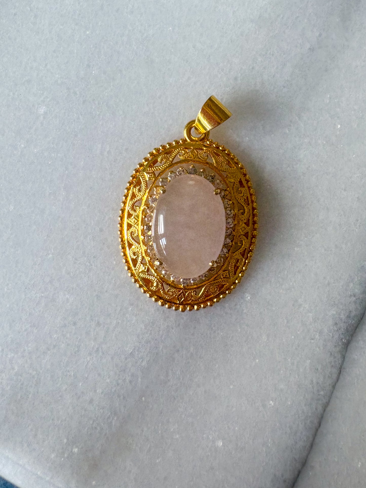 Vintage Large White Jade and Natural Diamond 18k Yellow Gold Charm Pendant