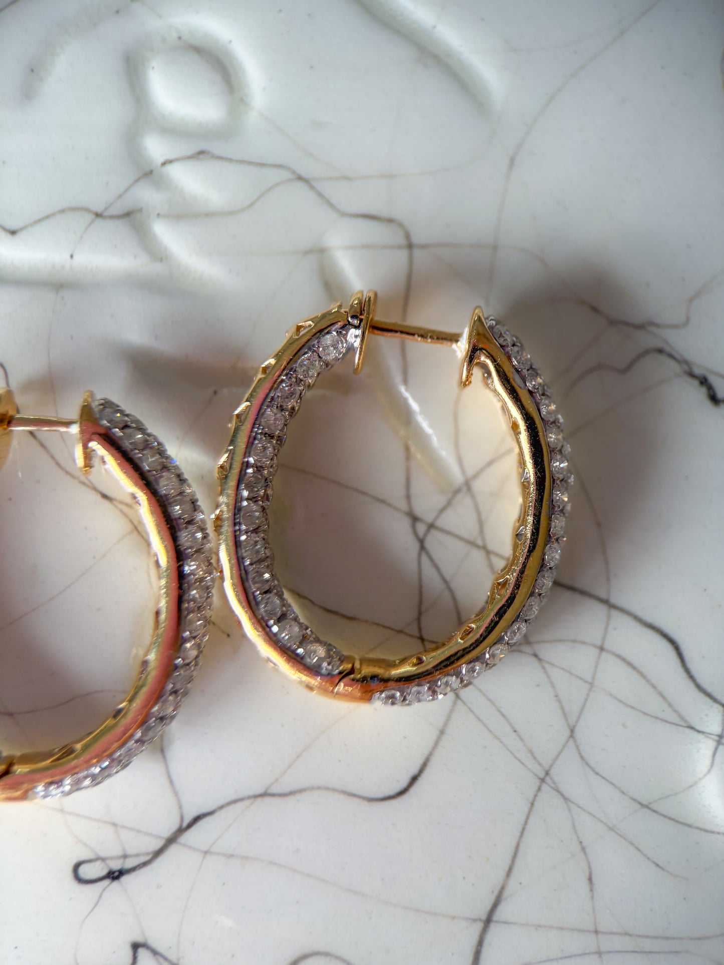 Natural Diamond Encrusted 14k Yellow Gold Large Oval Hoops with Heart Cut Outs