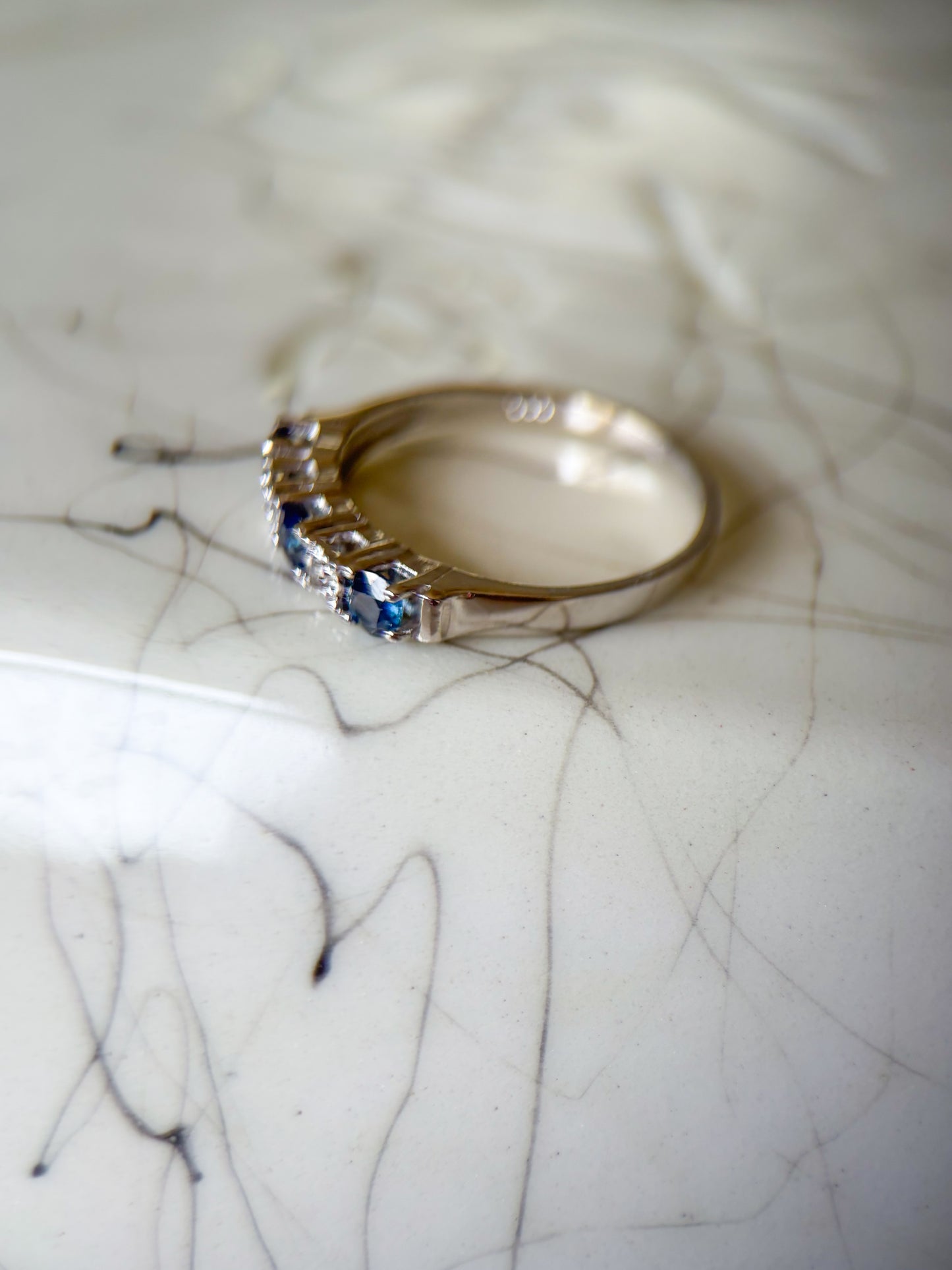 Vintage Natural Sapphire and Natural Diamond 14k White Gold Half Band