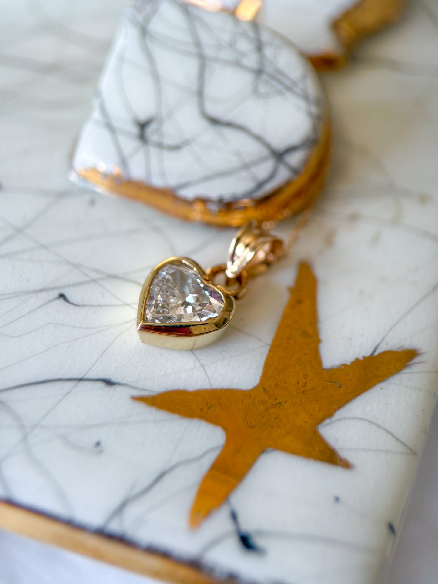 Vintage Bezel Set Natural Heart Shaped Diamond with 14k Yellow Gold Chain