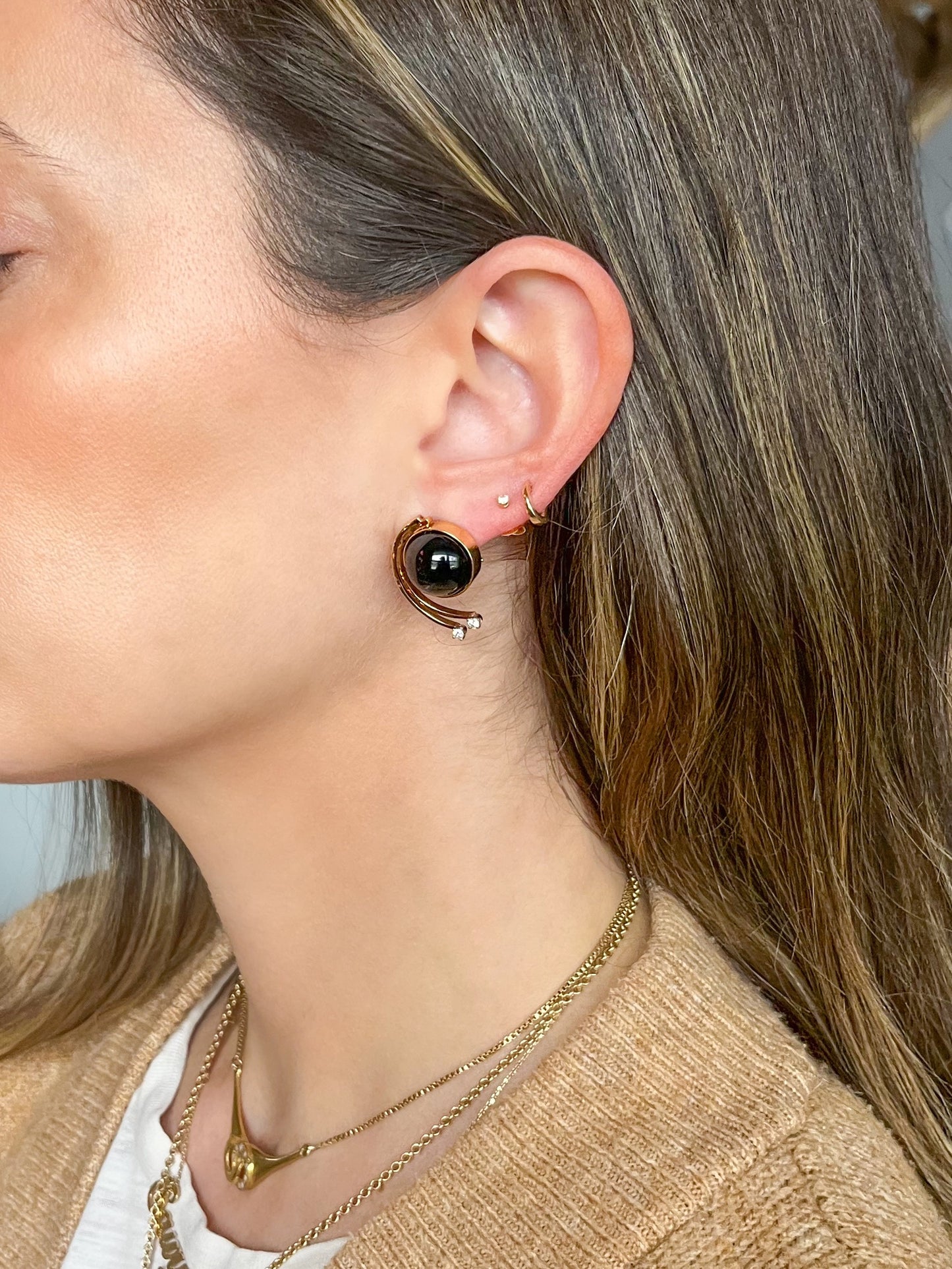 Vintage Onyx and Natural Diamond 14k Yellow Gold Large Stud Earrings, circa 1980s