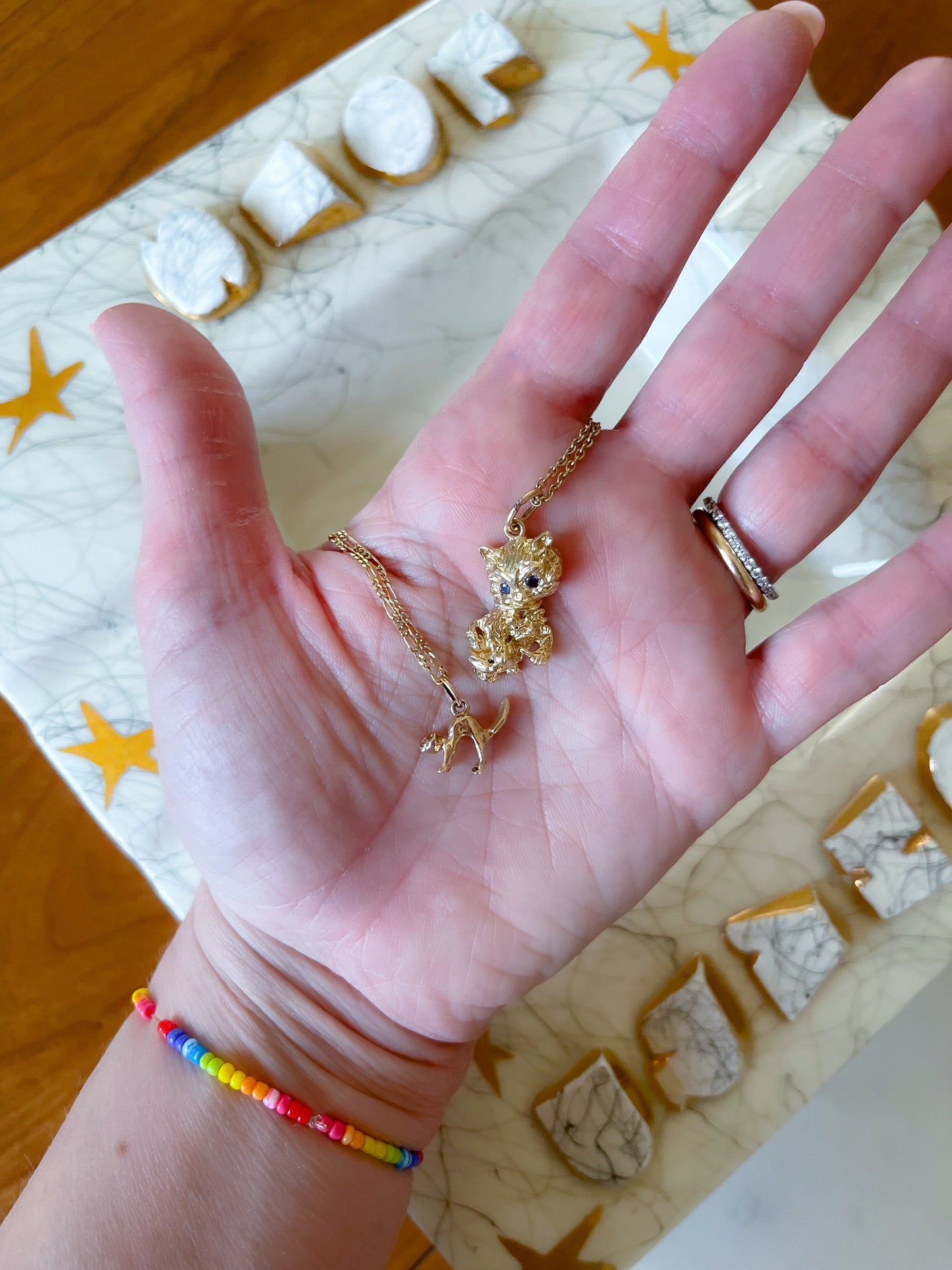 Vintage Cat with Synthetic Sapphire Eyes in 14k Yellow Gold Charm