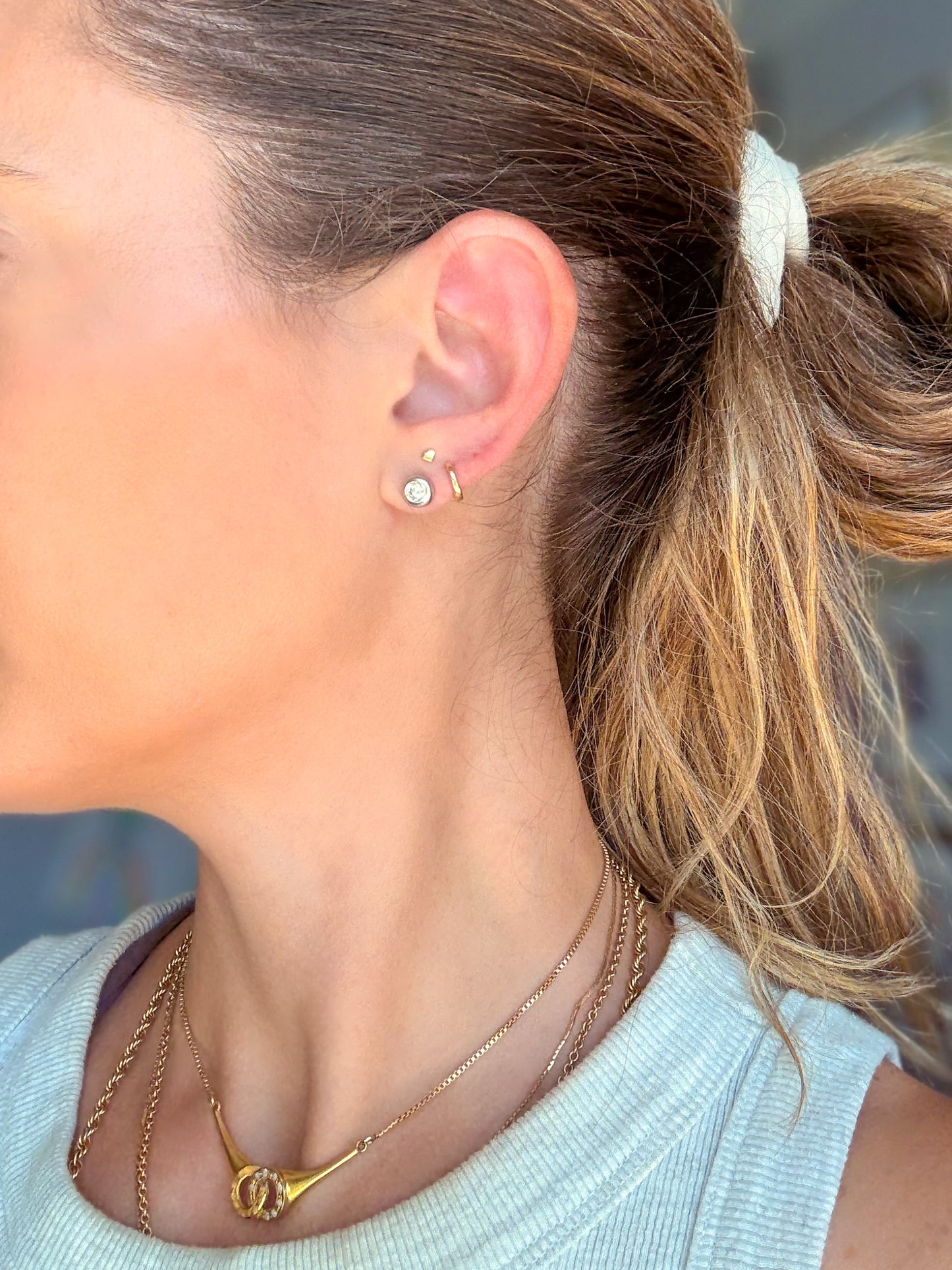 Vintage Natural Diamond 14k White Gold Donut Stud Earrings