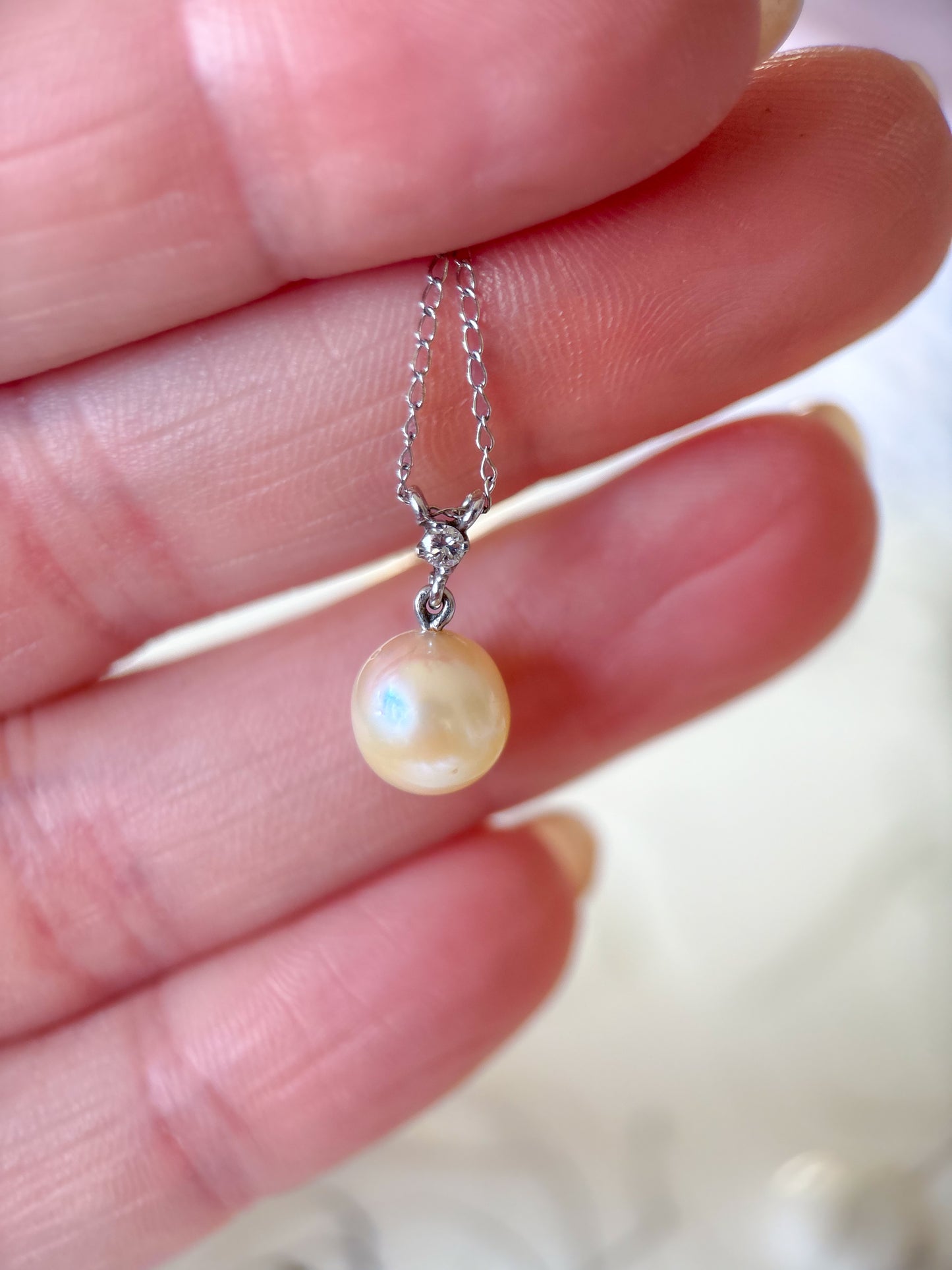 Vintage Pearl 14k White Gold Charm with Natural Diamond on 18 Inch Chain